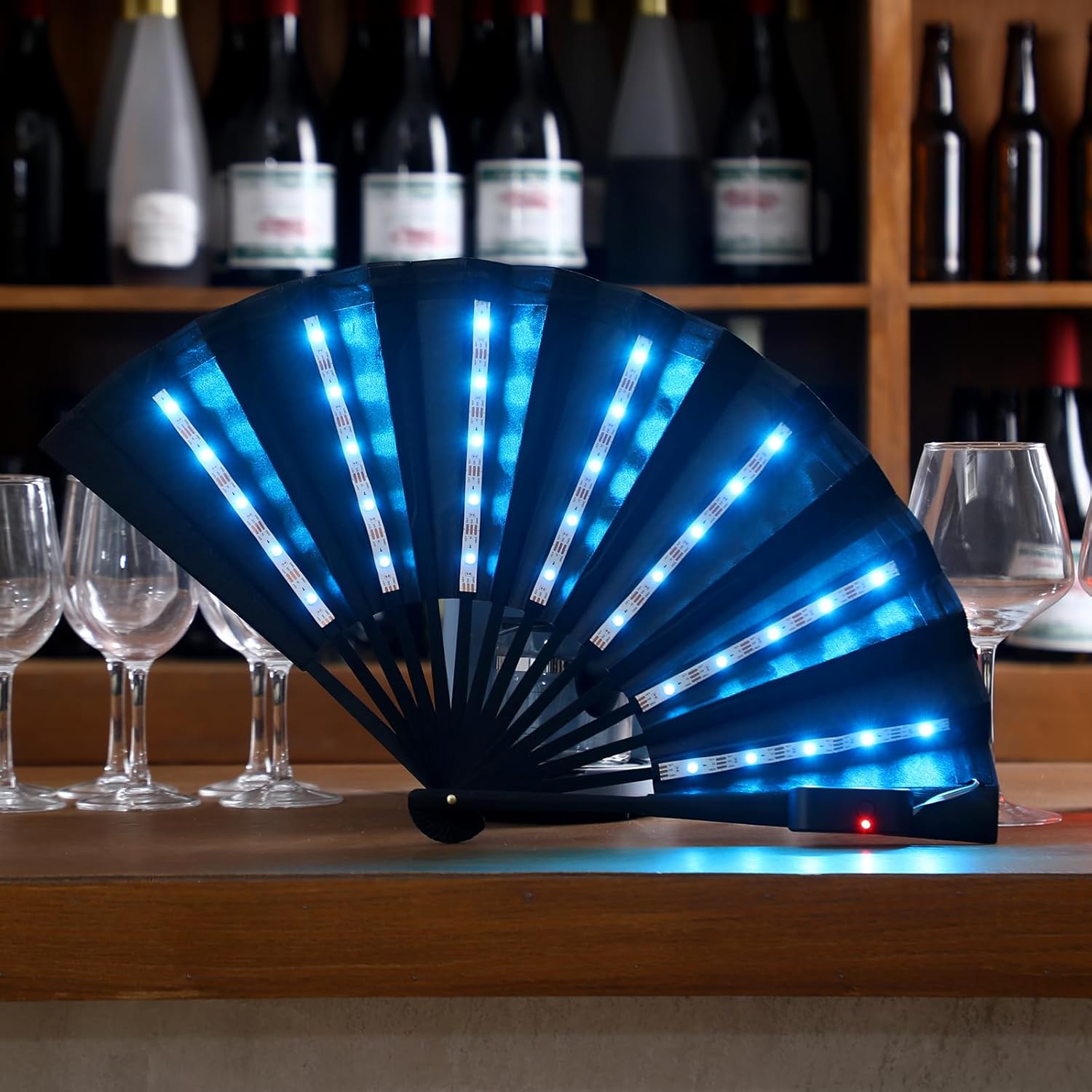 Roowest Rave Party LED Light up Folding Fan for Line Dancing with Remote Control Large Handheld for Party Gift Stage Performance Props Birthday Dance Wedding Night Bar Club(Black)
