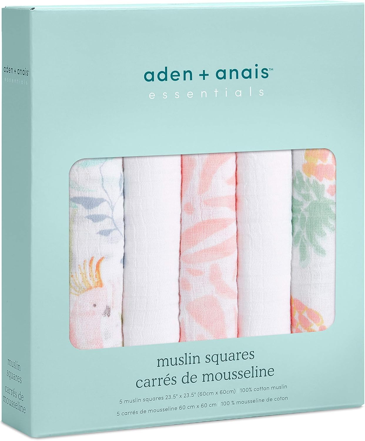 aden + anais™ essentials Langes Bébé Musy, Ensemble de Langes Prélavés en Mousseline 100% Coton, Multi usages, Adapté pour les Nouveau-nés, Lot de 5, 60x60cm, Garçon, Fille, Imprimé tropicalia