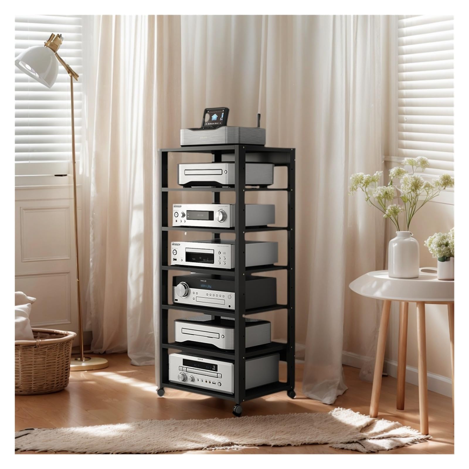 Supporto multimediale video Mensola AV HiFi regolabile a 7 livelli con ruote universali, rack audio mobile for soggiorno, camera da letto, studio(Teak color)