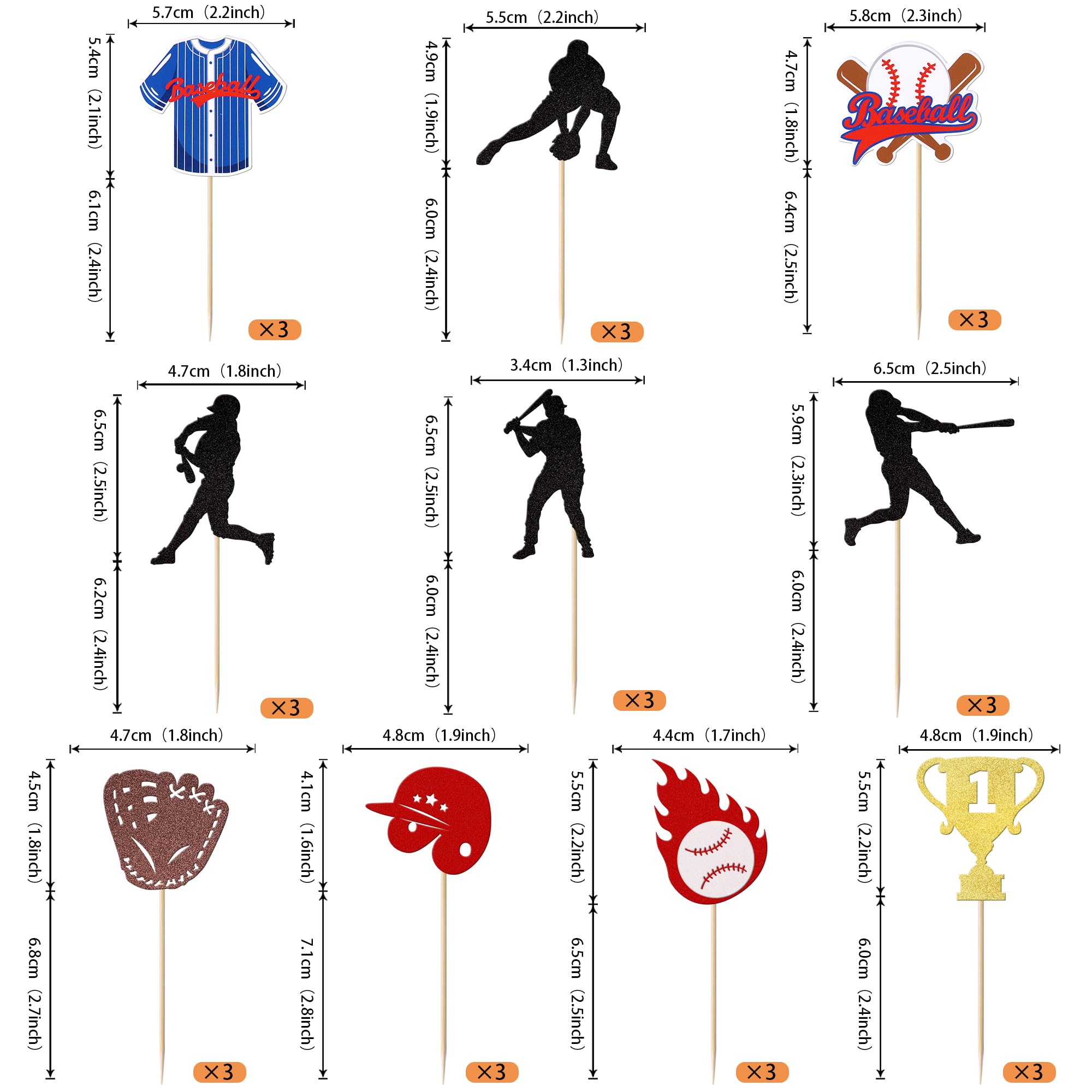 Rsstarxi 30 Pack Baseball Cupcake Toppers with Glitter Trophy Baseball Players Sports Ball Cupcake Picks Decor for Baseball Sport Theme Baby Shower Kids Birthday Party Cake Decorations