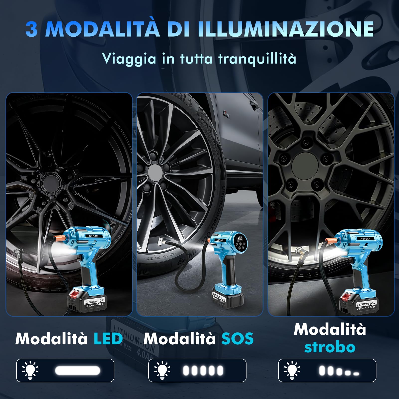 Pompa ad aria a batteria, 21 V, 150 PSI, pompa ad aria elettrica per auto, con batteria al litio e manometro, 800 W, pompa digitale per pneumatici portatile, per auto, moto, bicicletta, palloni