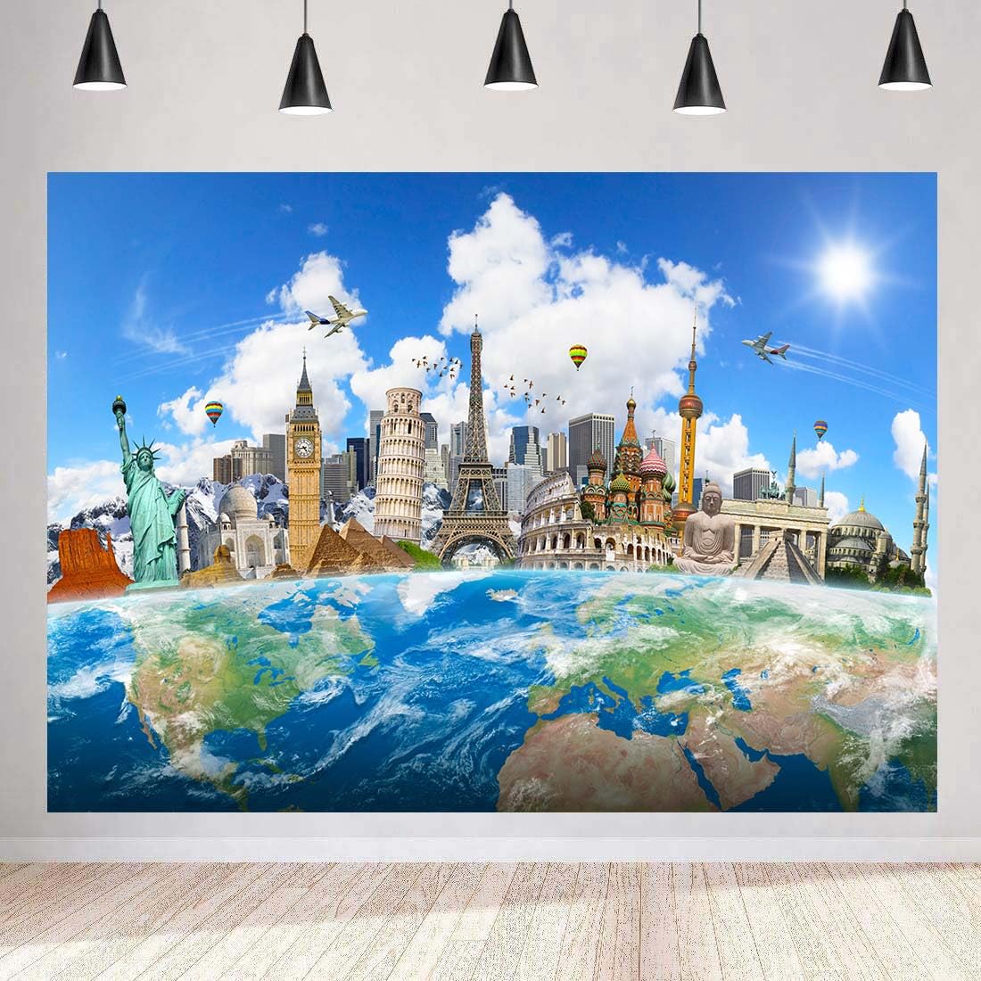 10X6.5FT Around The World Travel Backdrop Global Travel World Map Famous Landmark Buildings Photography Background Paris Eiffel Tower Holiday Themed