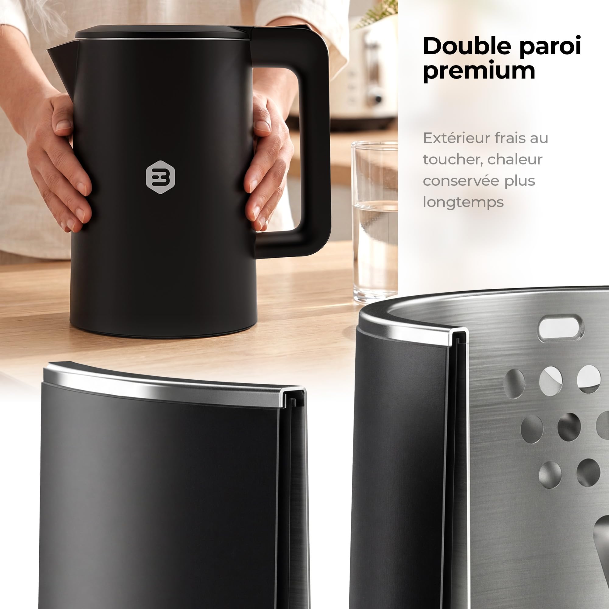 Balter Bouilloire électrique, Bouilloire inox, 1,7 l, design à double paroi, kettle, sans BPA, LED, silencieuse, noire