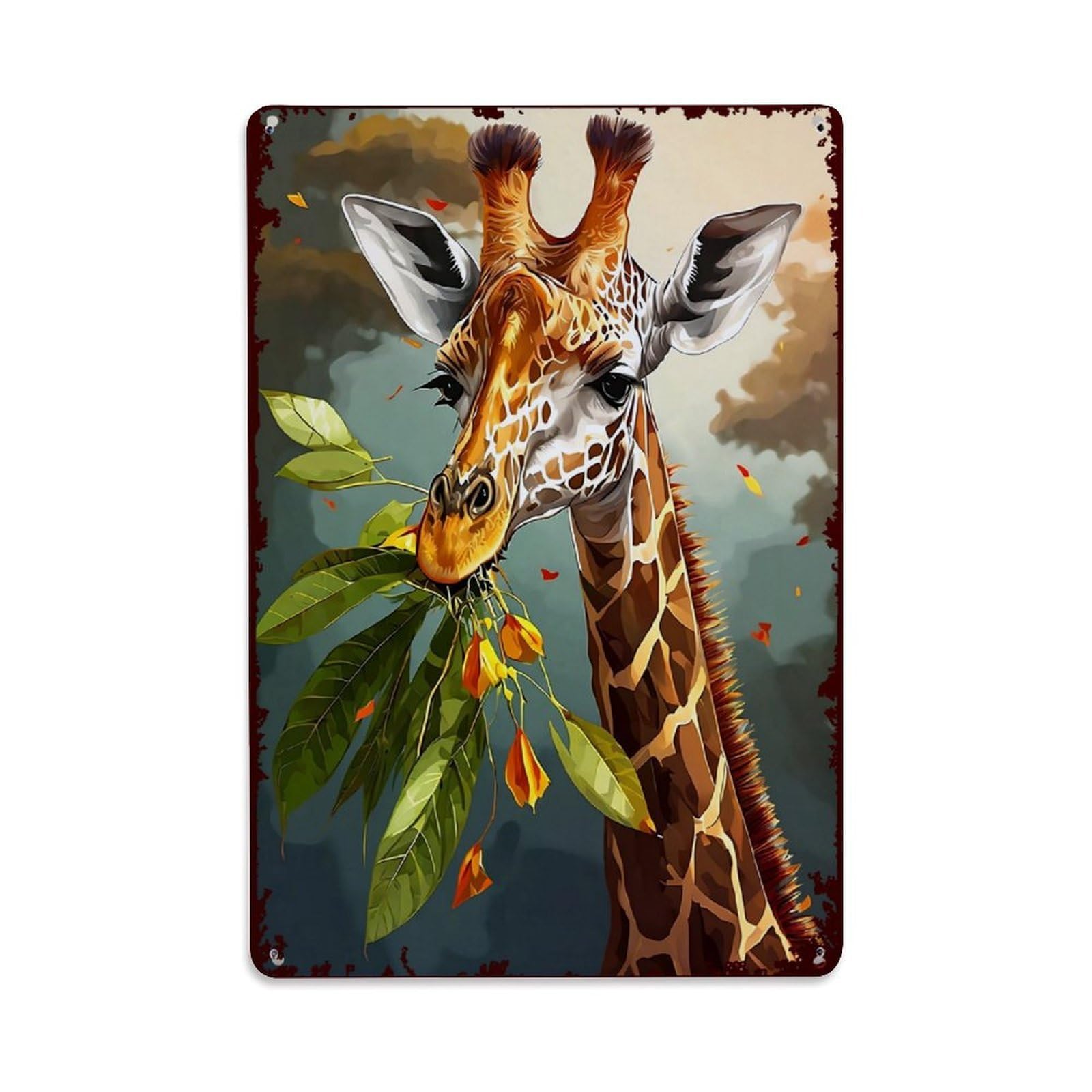Jdfenggu Vintage Giraffe Eating Leaves Autumn Sky Retro Metal Tin Sign, Decor Art Poster For Bar, Home, Man Cave, Kitchen, Laundry Room Gift 8X12inch