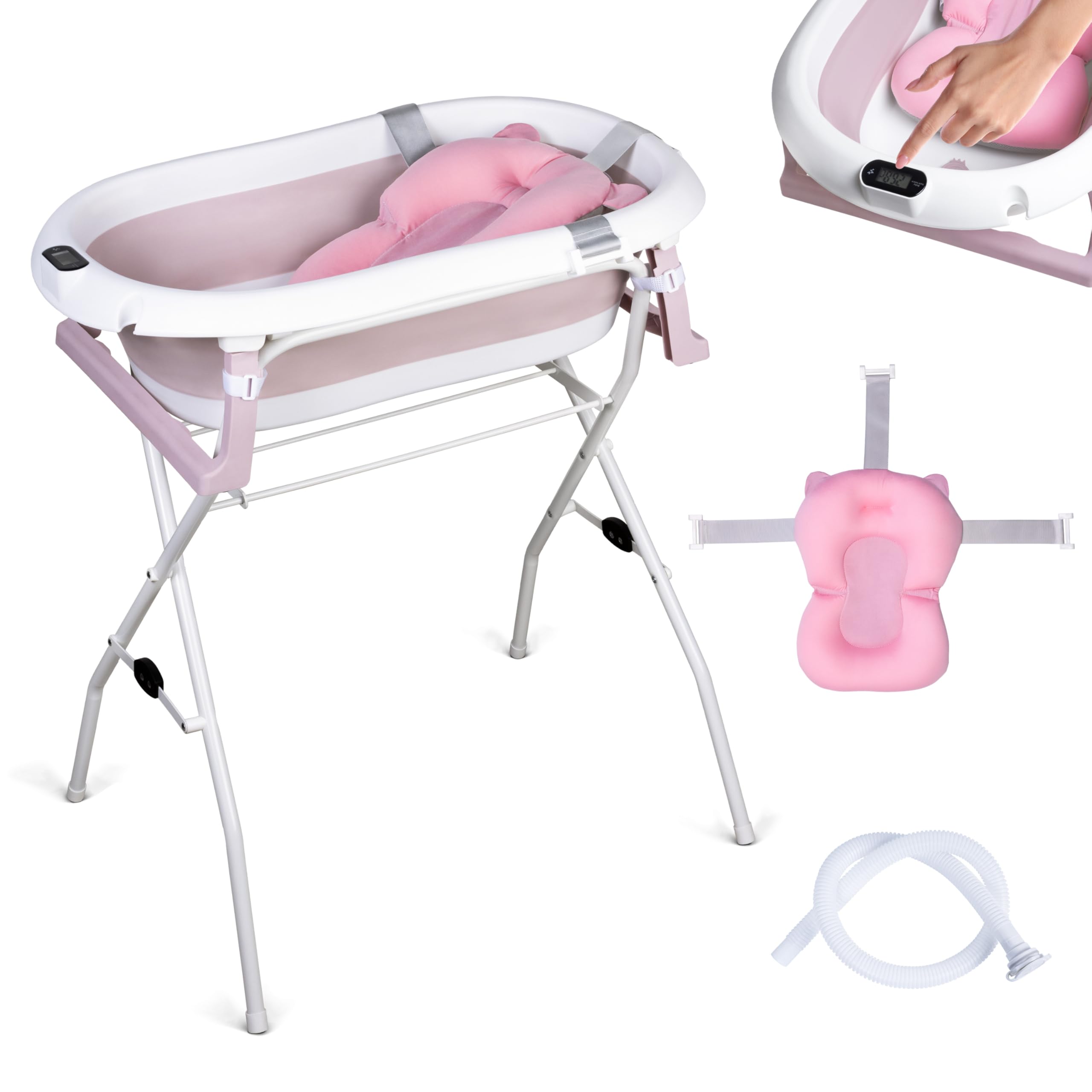 moovkee. Babybadewanne mit Gestell 80cm - Rosa Baby Badewanne Faltbar mit Thermometer, Badekissen und Abflusssystem - Babywanne mit Ständer Sicher für Ihr Neugeborenes