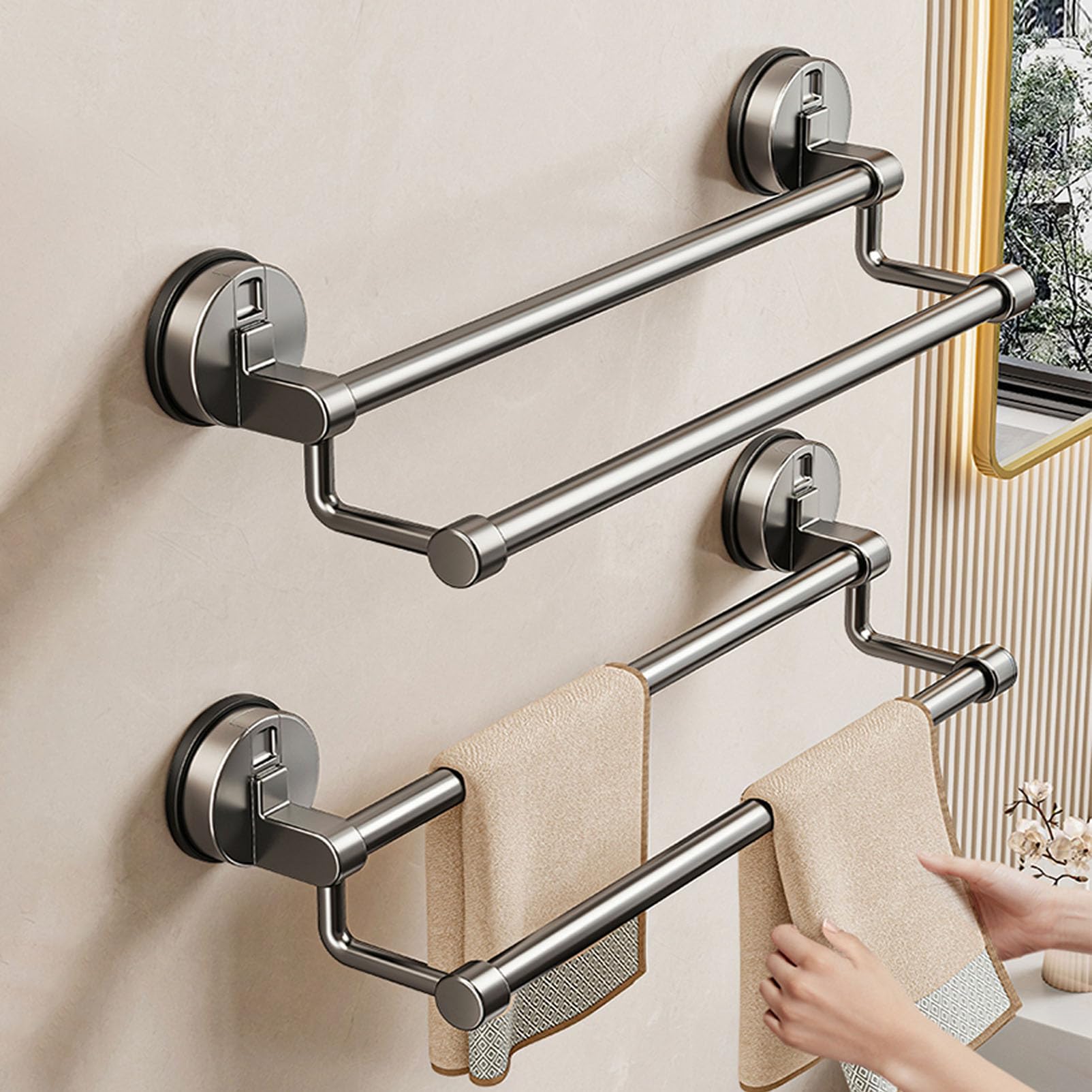 Handtuchhalter Saugnapf Handtuchstange für Badezimmer ohne Bohren Handtuchhalter Wand 2 Stange Handtuchhalter für Küche aus Aluminiumlegierung,Badezimmer-Zubehör