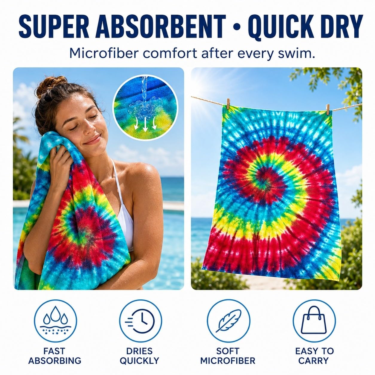 Serviette de Plage Tie-Dye en Spirale Microfibre Rapide 200x200 cm