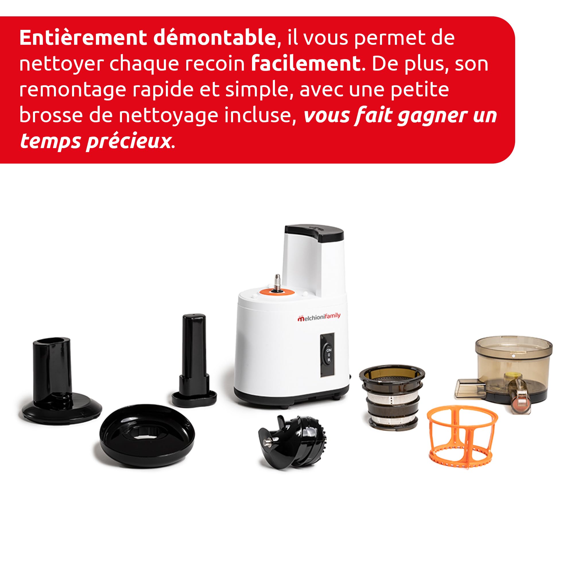 Melchioni Family | Extracteur de Jus de Fruits et Légumes à Froid VEGA, Extraction Lente pour Préserver les Vitamines, Antioxydants et Nutriments, Démontable, 150W, Sans BPA et BPS, Acier Inoxydable