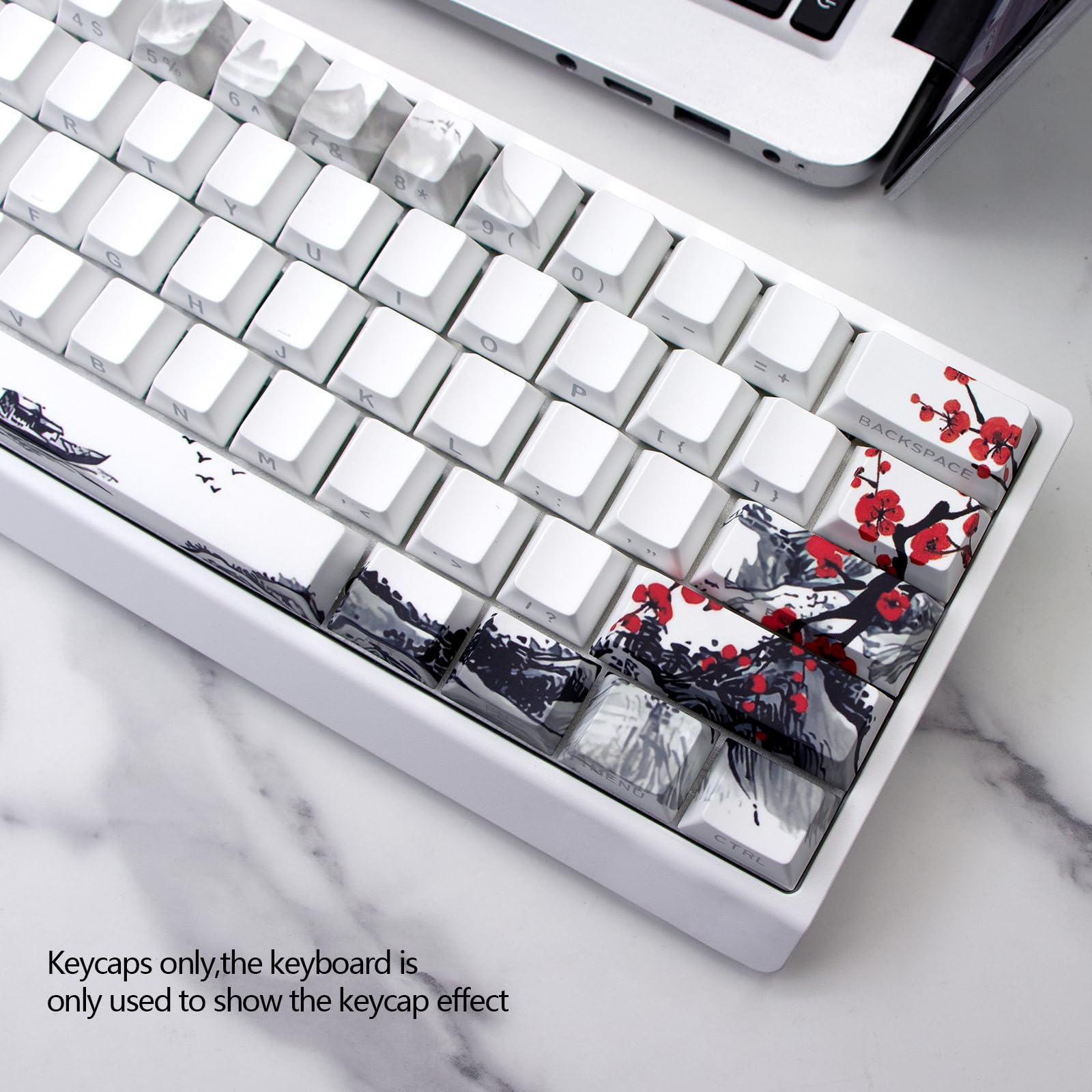 Keycap bianco a tema Plum Blossom, tasti traslucidi stampati lateralmente, 74 tasti Cherry Profile Keycap set adatto per switch Cherry MX 60/61/65/67/68 tastiere meccaniche (solo cappucci)