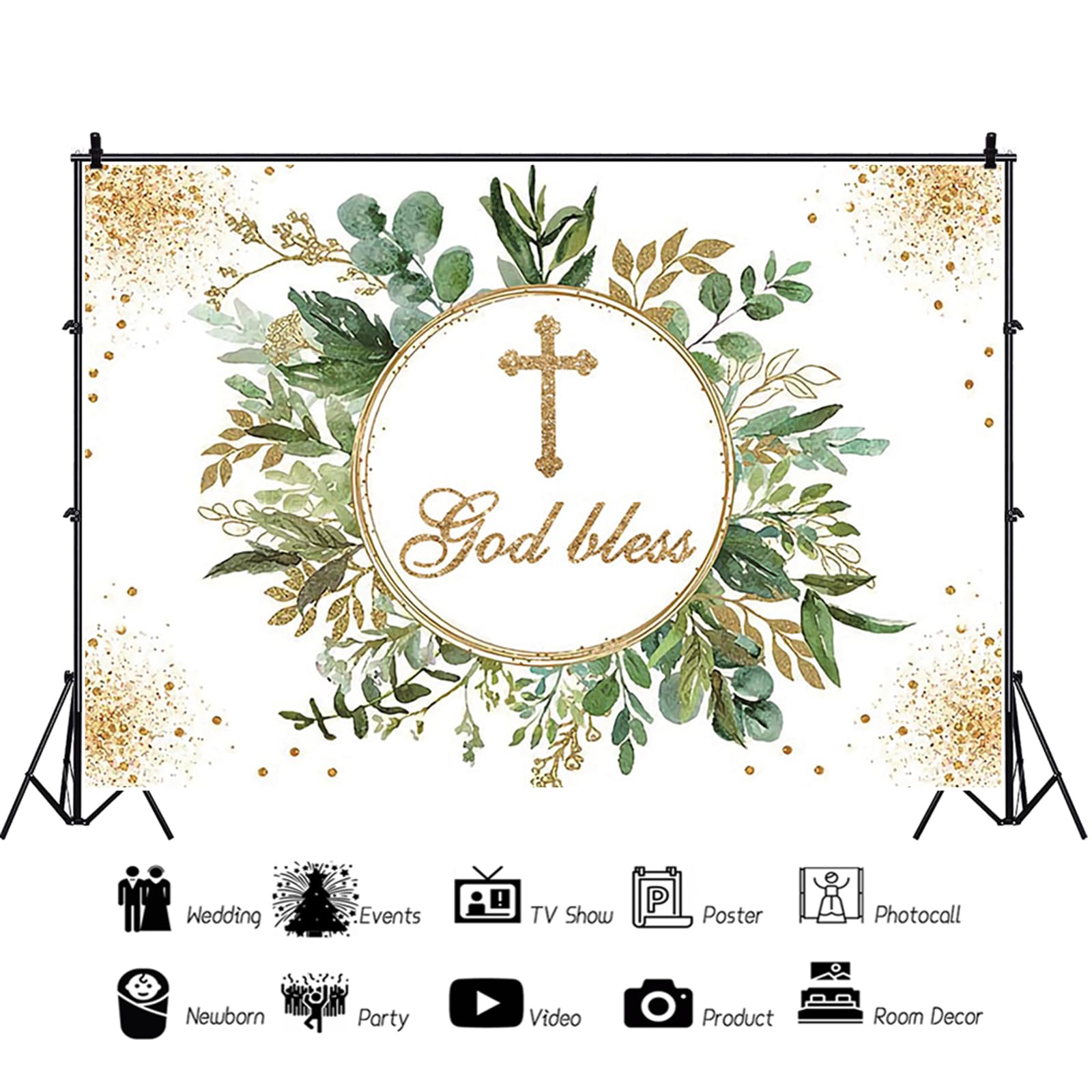 Fondo de Primera Comunión 3,6x2,5m, Dios Bendiciendo Hojas Verdes Doradas Comunión Vinilo Fotografía Telón de Fondo Banner para Niña Niño Primera Comunión Bautismo Fiesta Decoración