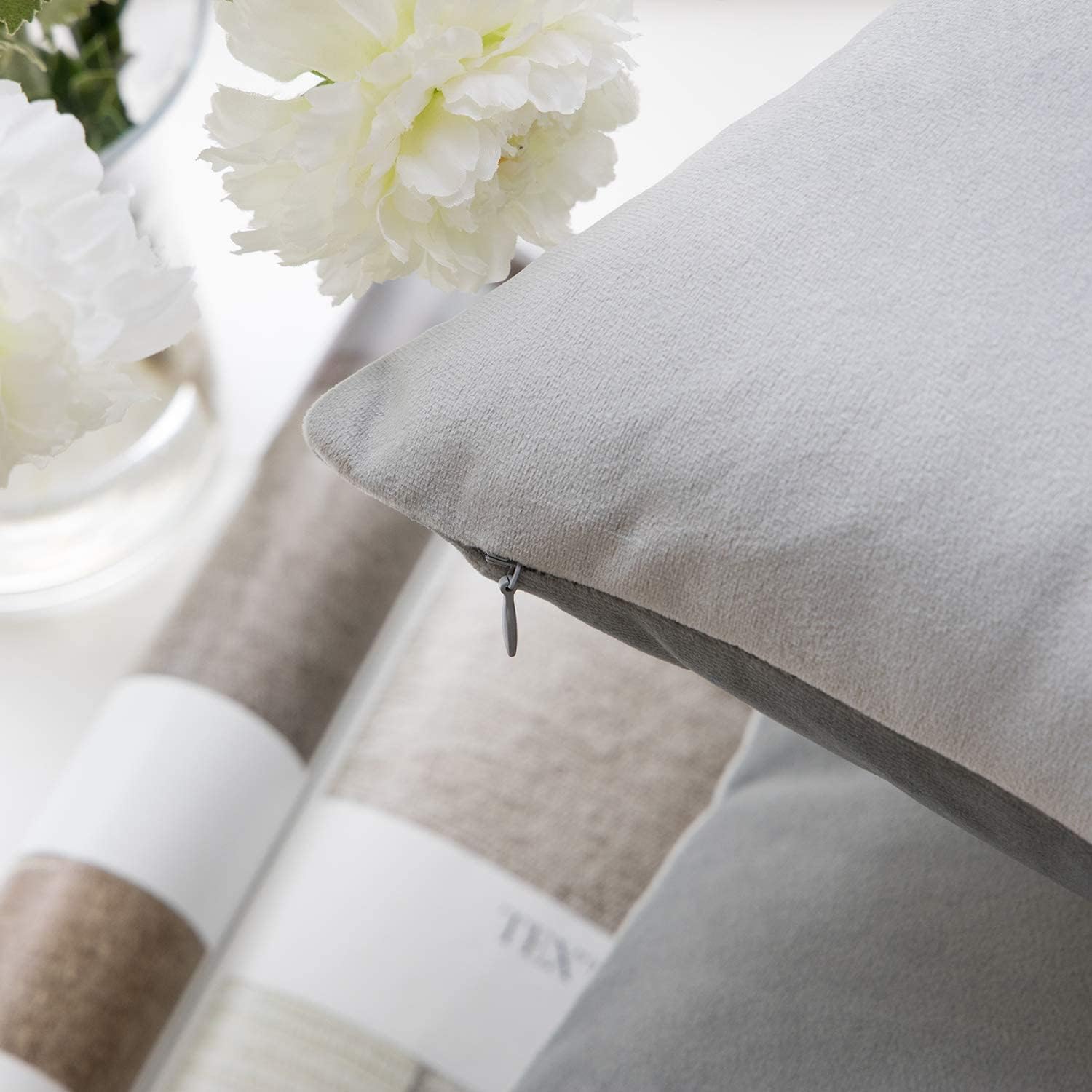 Phantoscope Bundles, Pack of 2 Velvet Soft Square Pillow Covers, Mist Grey, 18 x 18 inches & Pack of 2 Faux Fur Fluffy Pillow Covers, Cream White, 18 x 18 inches