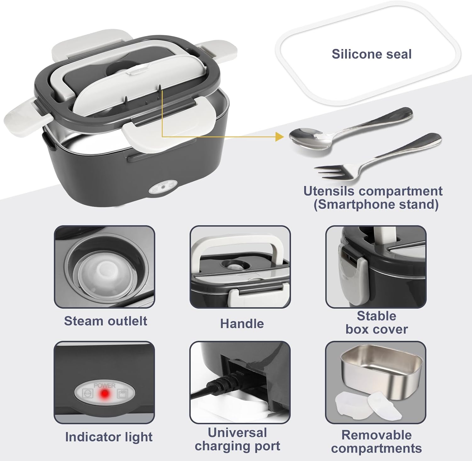 Electric Lunch Box, 12V/24V/110V Portable Food Warmer with SS Fork & Spoon for Car/Truck/Office, 80W Self Heating Lunch Box with 1.5L 304 Stainless Steel Container & 0.45L PP Fruit Box Beige - Image 5