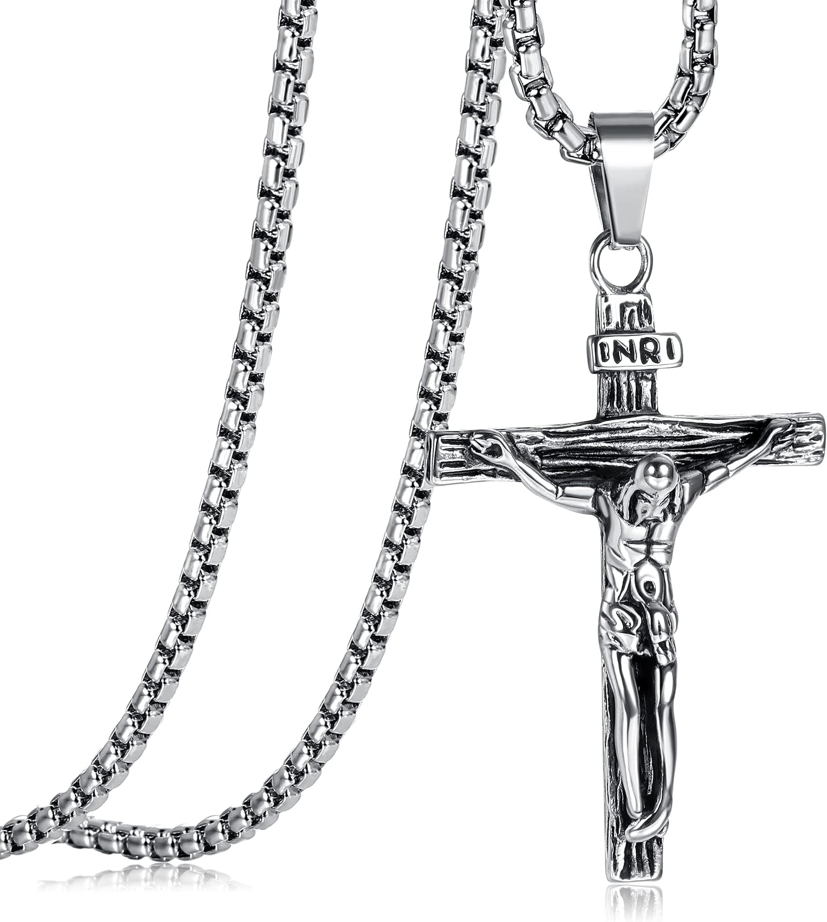 Cross Necklace for Men Women Stainless Steel Jesus Crucifix Cross Pendant Venetian Chain 61 CM Silver/Gold/Black Religious Jewellery Gift