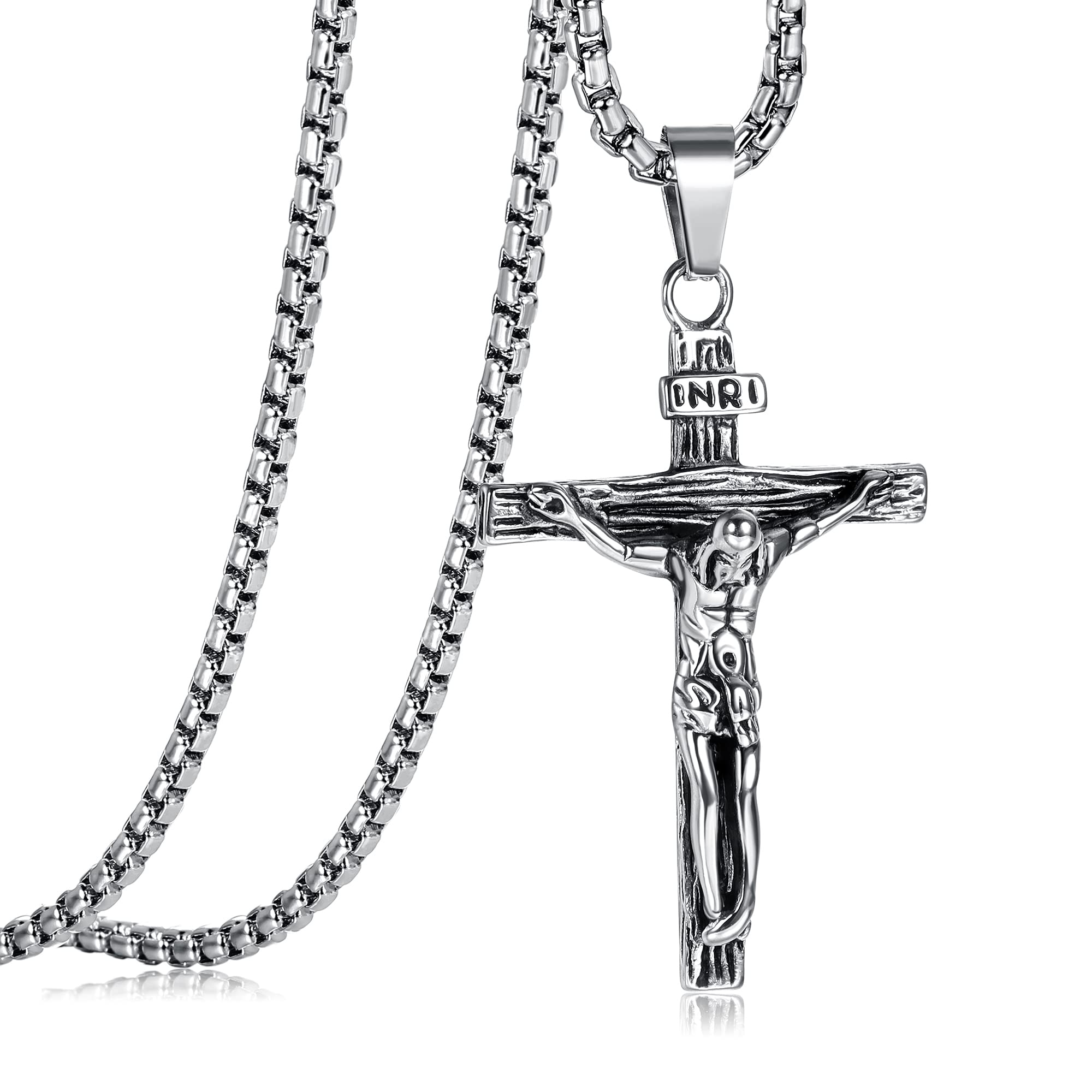 Cross Necklace for Men Women Stainless Steel Jesus Crucifix Cross Pendant Venetian Chain 61 CM Silver/Gold/Black Religious Jewellery Gift