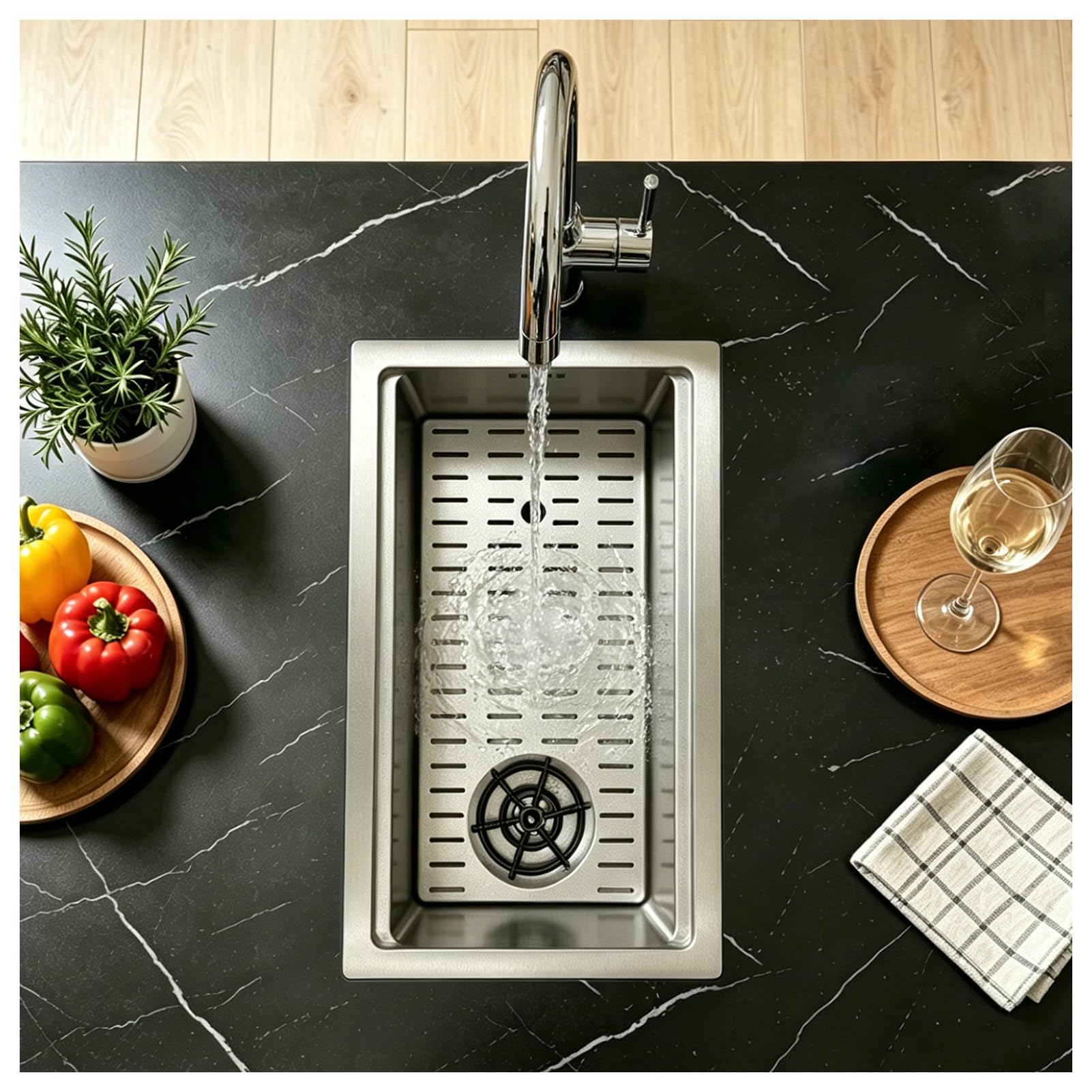 HZKSINNK 1 Basin Kitchen Sink Made of 304 Stainless Steel 48 x 30.5 cm - Compact Bar Sink with Cup Cleaner, Drain Button, Siphon and Drain Pipe. Ideal for Bar, Pub, Motorhome