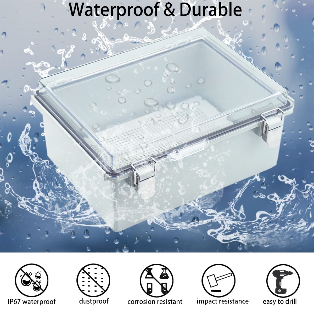 Junction Box, Hinged Clear Cover Stainless Steel Latch IP67 Waterproof ABS Project Box with 2 Cable Glands,Electrical Box Enclosure with Mounting Plate & Wall Bracket 13.8x9.8x5.9inch