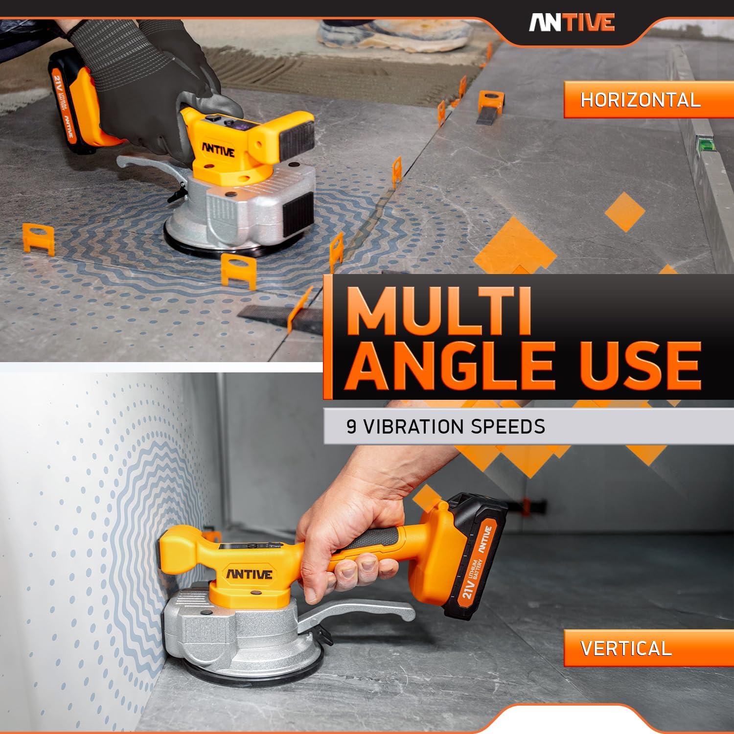 Tile Vibration Tool Pro Set with 21V Batteries & 8″ Vacuum Suction Cup – 110 lb. Tile Suction Cup Tool Power – 9 Tile Vibrator Levels for Leveling Marble, Ceramic, Paver, Granite & Concrete