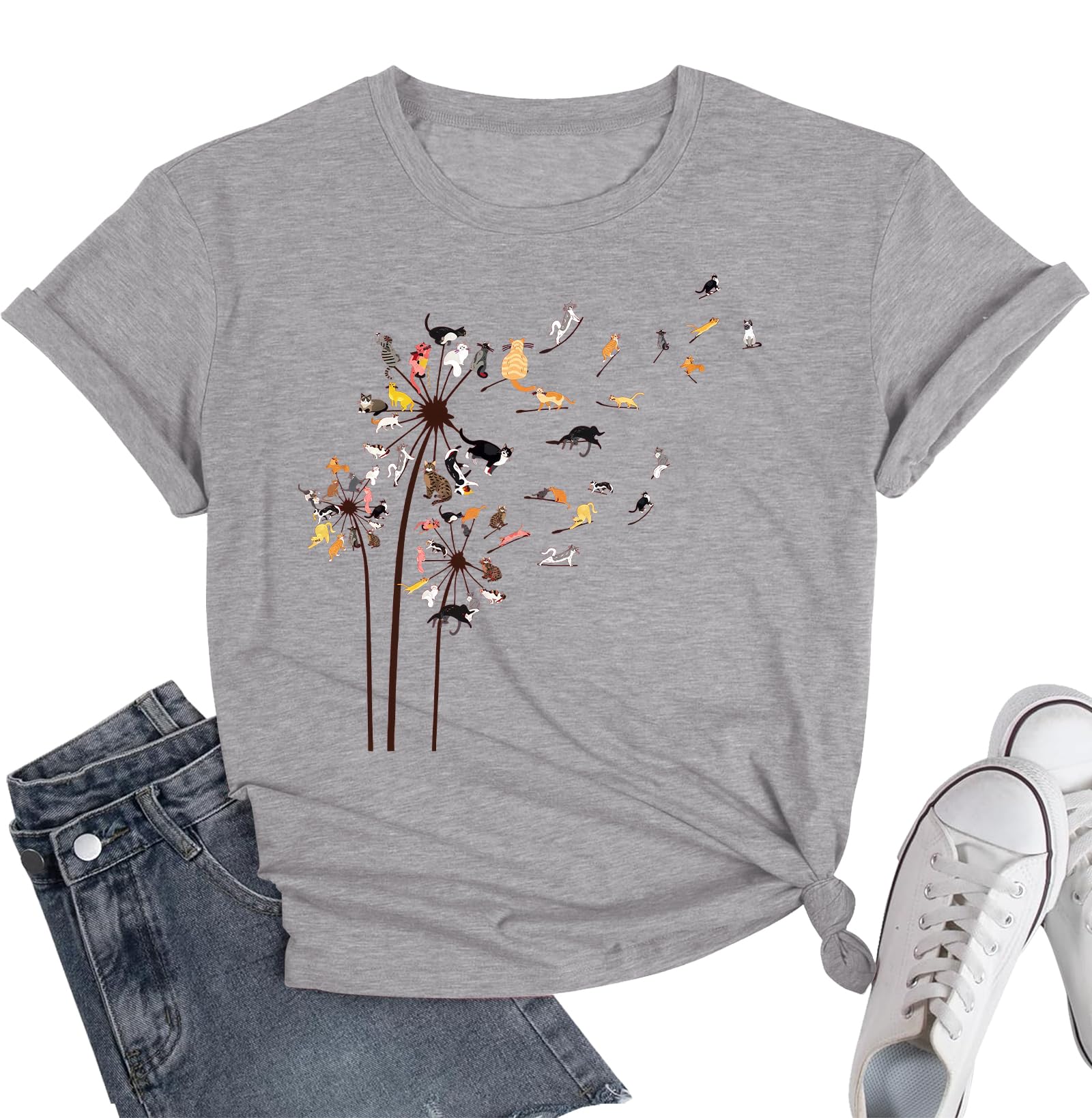 Cat Shirts for Women Flower Tee Shirts Dandelion T Shirt Vintage Floral Graphic Tees Tops