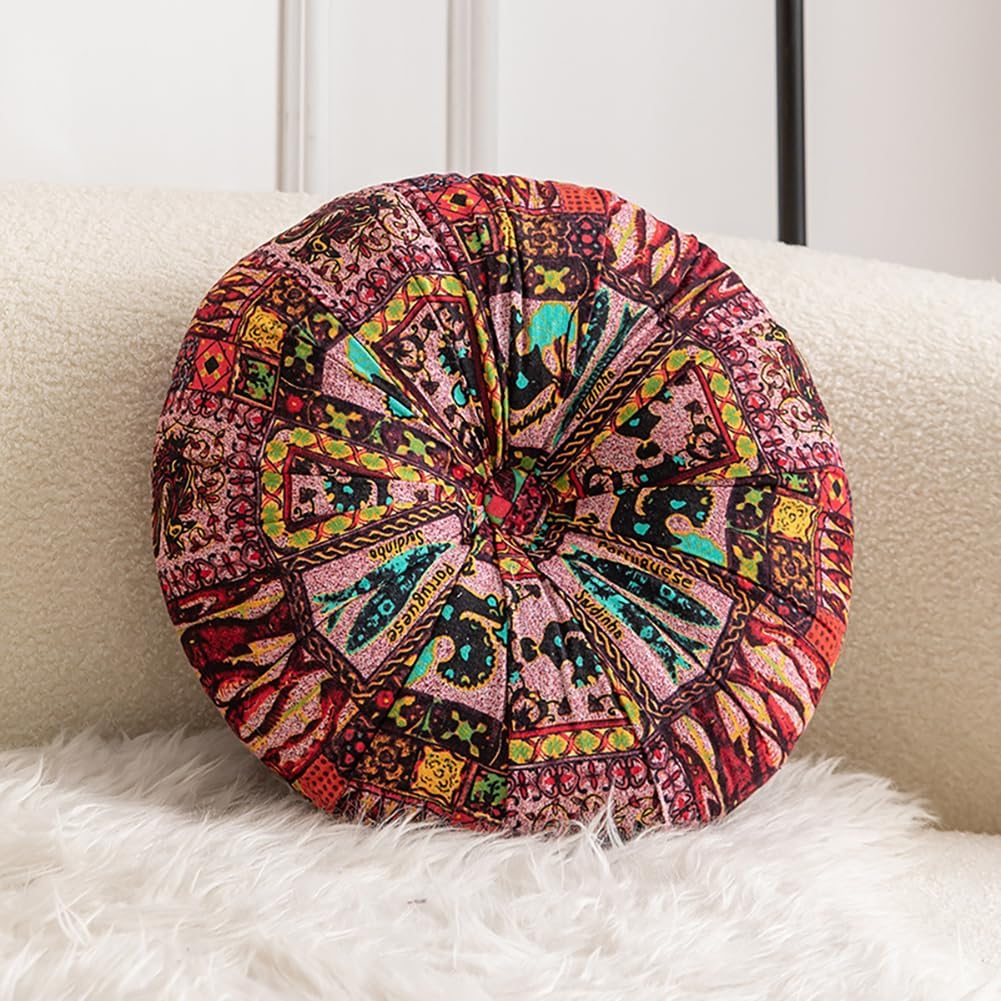 vctops Cotton Linen Round Chair Seat Cushion Moroccan Boho Printed Chair Pad Bohemian Decorative Throw Pillow Seat Cushion for Kitchen Office Chair (Red,14")