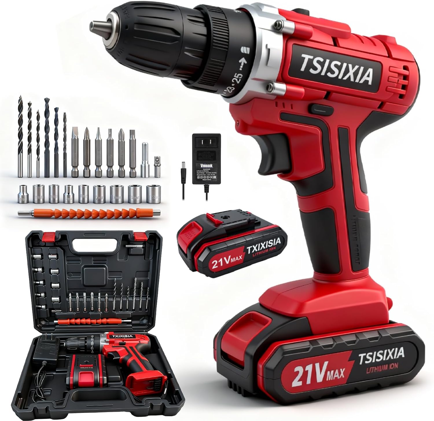 Tsisixia 21V Brushless Cordless Drill Driver Set, 35Nm Torque, 25+1 Clutch, 2.0Ah Battery & Charger, 23 Bits, Case