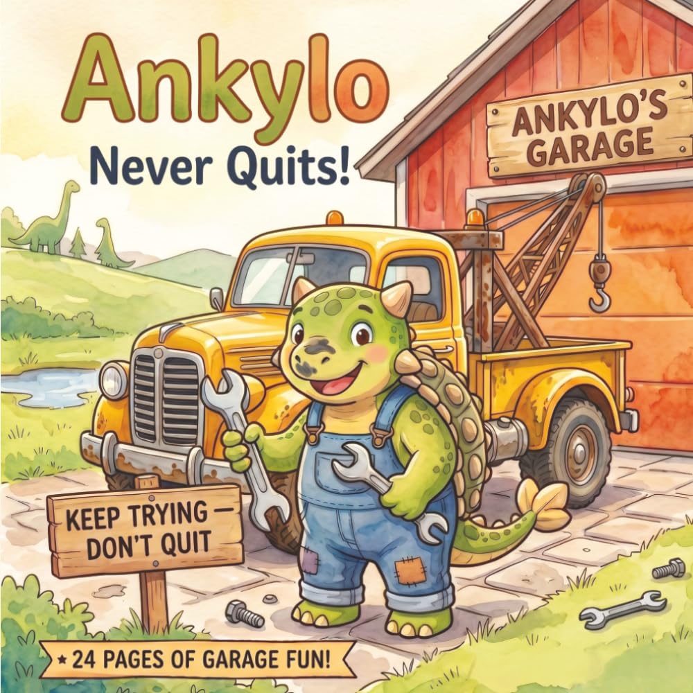 Ankylo Never Quits: Children's bedtime story book about an Ankylosauru, who's a mechanic.