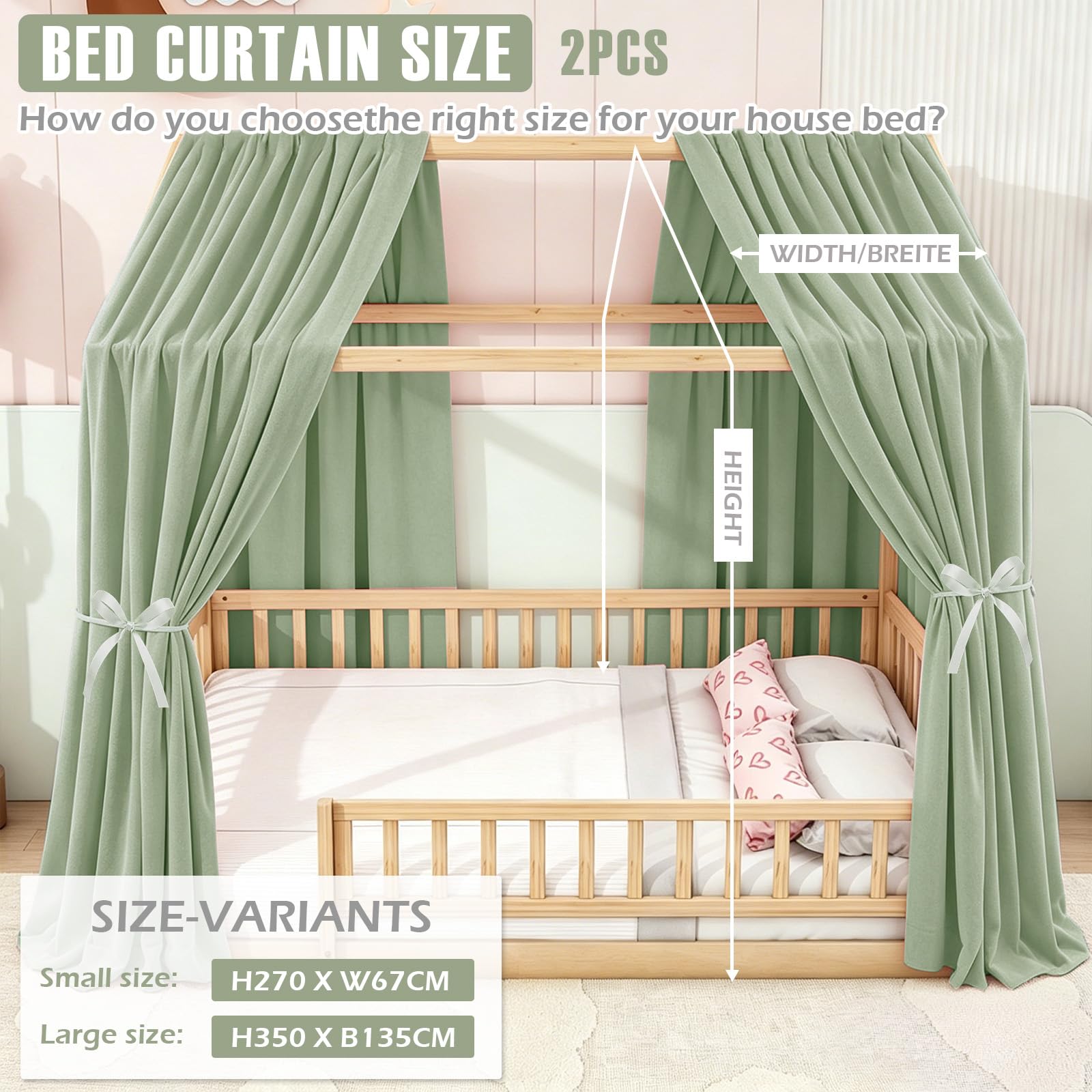 Hausbett Himmel, 2PCS Betthimmel Hausbett, Musselin himmelbett vorhänge, Hausbett Vorhang für Hausbetten, Kinderzimmer Deko Stoffhimmel für Mädchen Jungen Baldachin Kinderbett (H270 x W67CM, Grün)