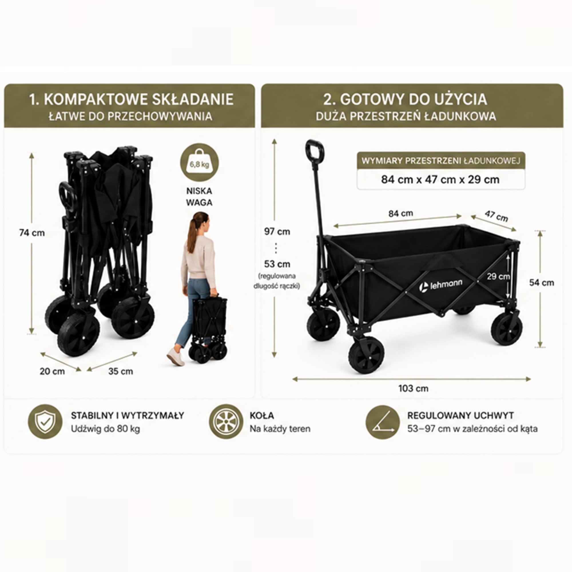 LEHMANN MOBI 110L – składany wózek transportowy do 80 kg, wózek ręczny z kołami 360°, wózek plażowy, wózek ogrodowy, składany wózek na zakupy