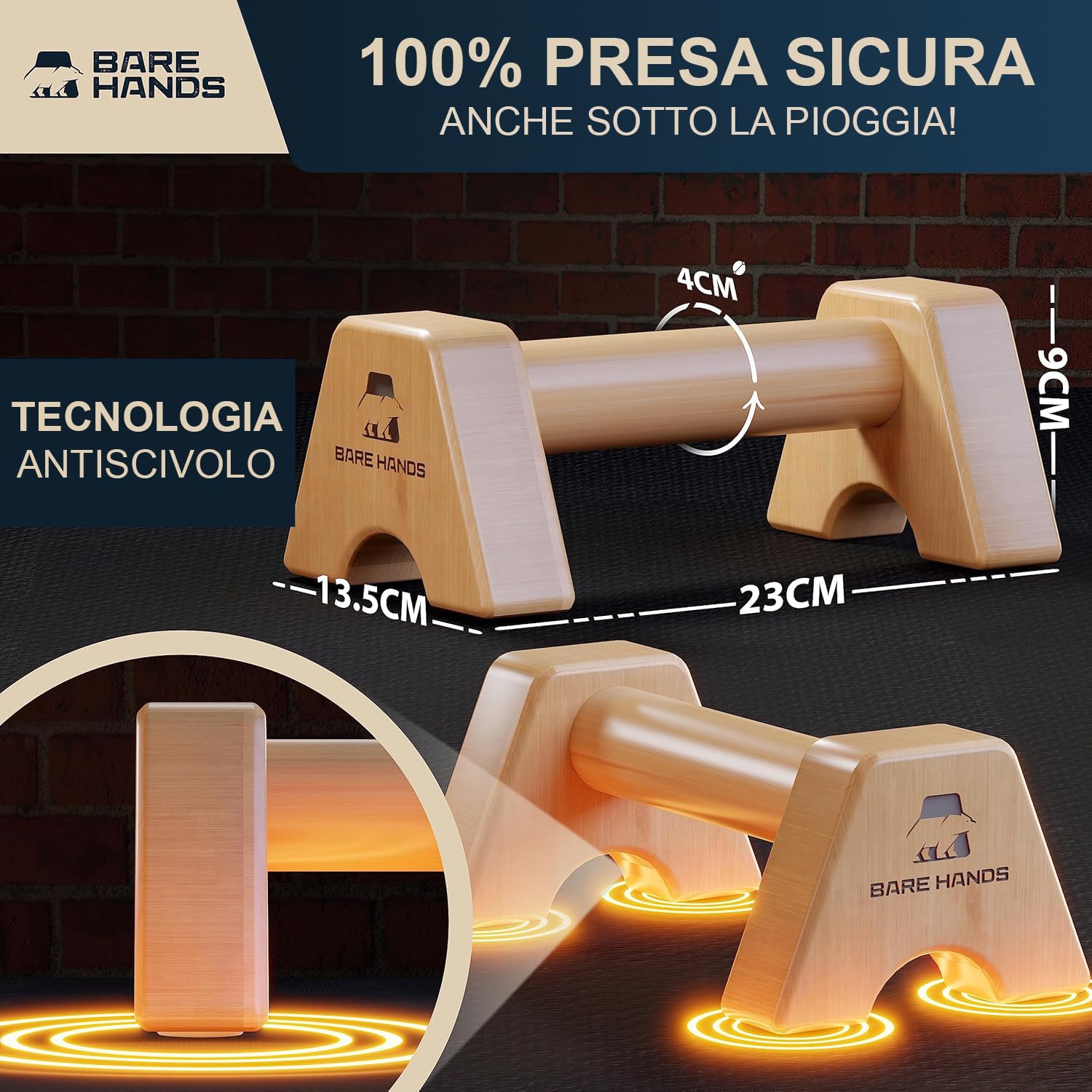 BARE HANDS Maniglie per flessioni – 2 maniglie per flessioni in legno antiscivolo – Attrezzatura Calisthenics per interni ed esterni – Ideale per poggiapolsi e flessioni