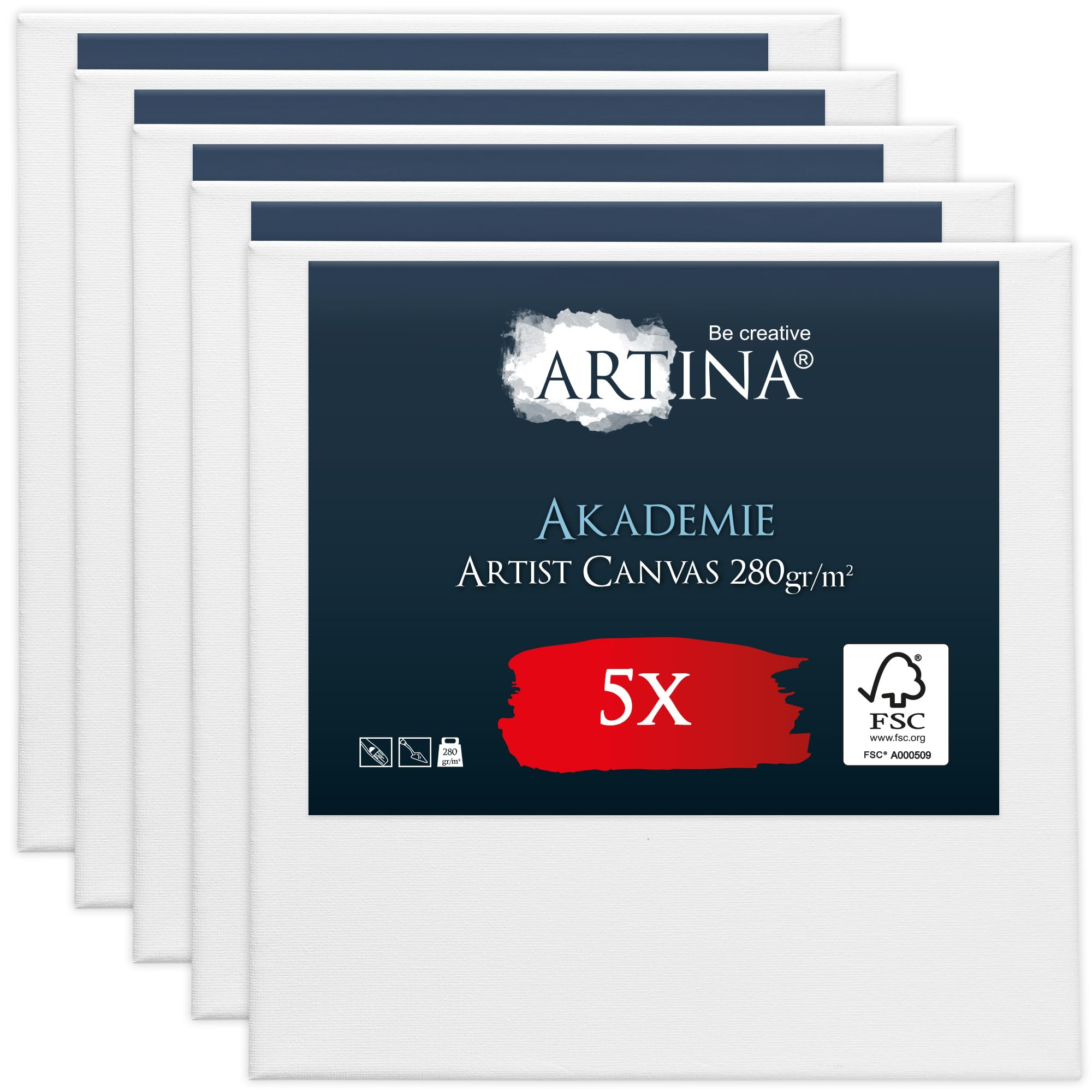 Artina FSC® Small Canvas for Painting 15x15 cm - 5pcs Blank Canvases for Art for Acrylic, Watercolour & Oil Painting - 100% Cotton Canvas Stretcher Frame 280 g/m² - Akademie