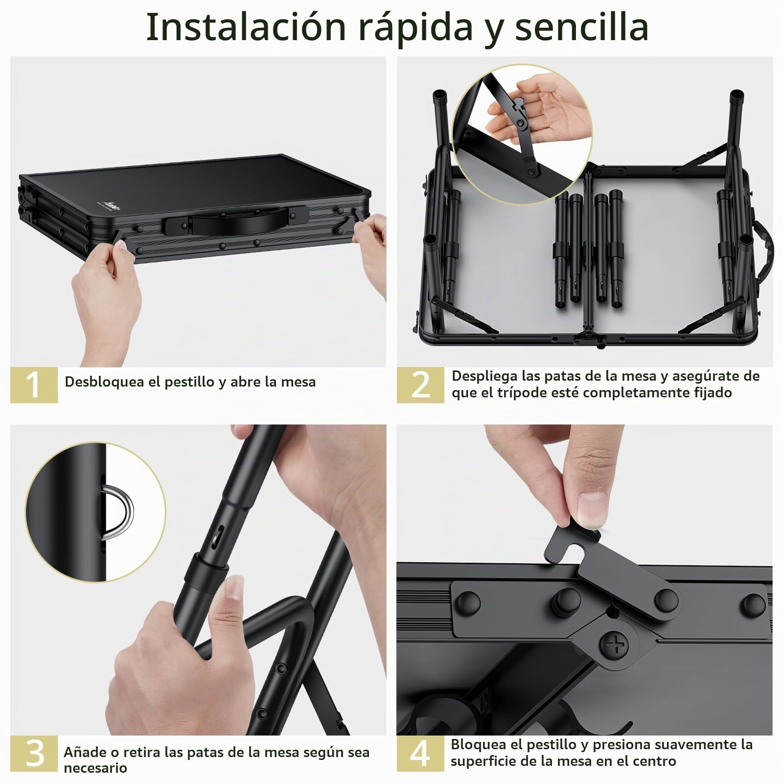 Anbte Mesa Plegable de Camping 58x40x26/48/67cm con Red de Almacenamiento | Mesa Plegable Aluminio de 3 Alturas Ajustables, Ligera y Portátil, para Camping, Pesca, Picnic, Playa,Exterior,Negro