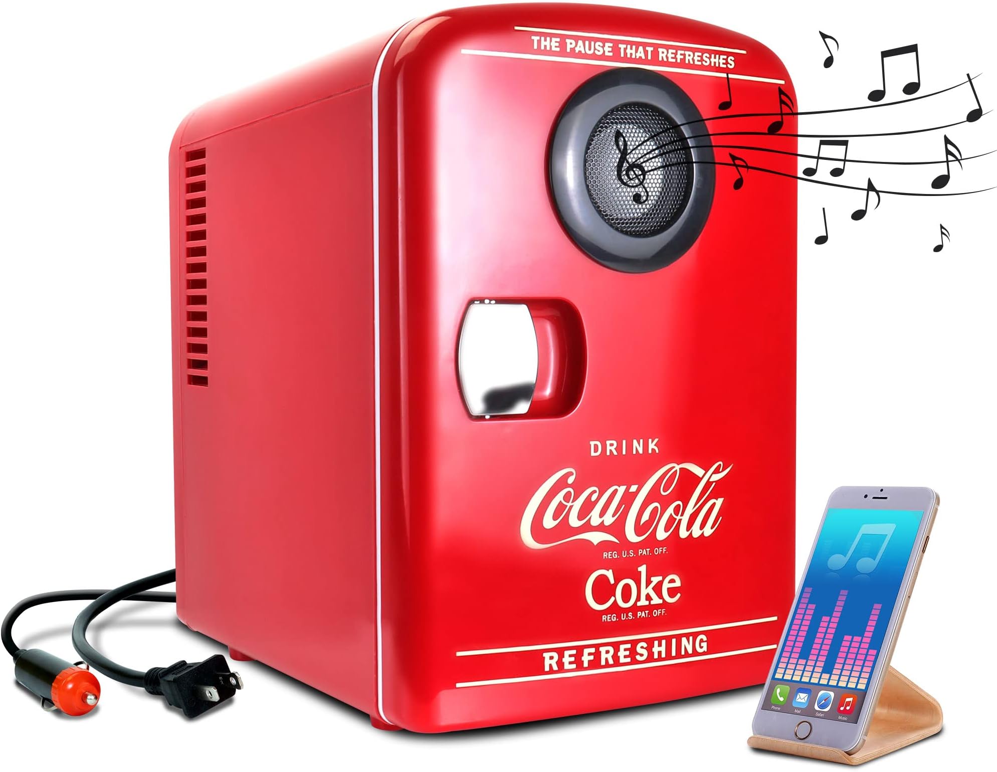 Coca-Cola 12V Portable Bluetooth Speaker Mini Fridge, AC/DC Power Cords Included, Compact Speaker and Personal Cooler/Warmer for Desk Office Dorm, Music-Lovers and Students