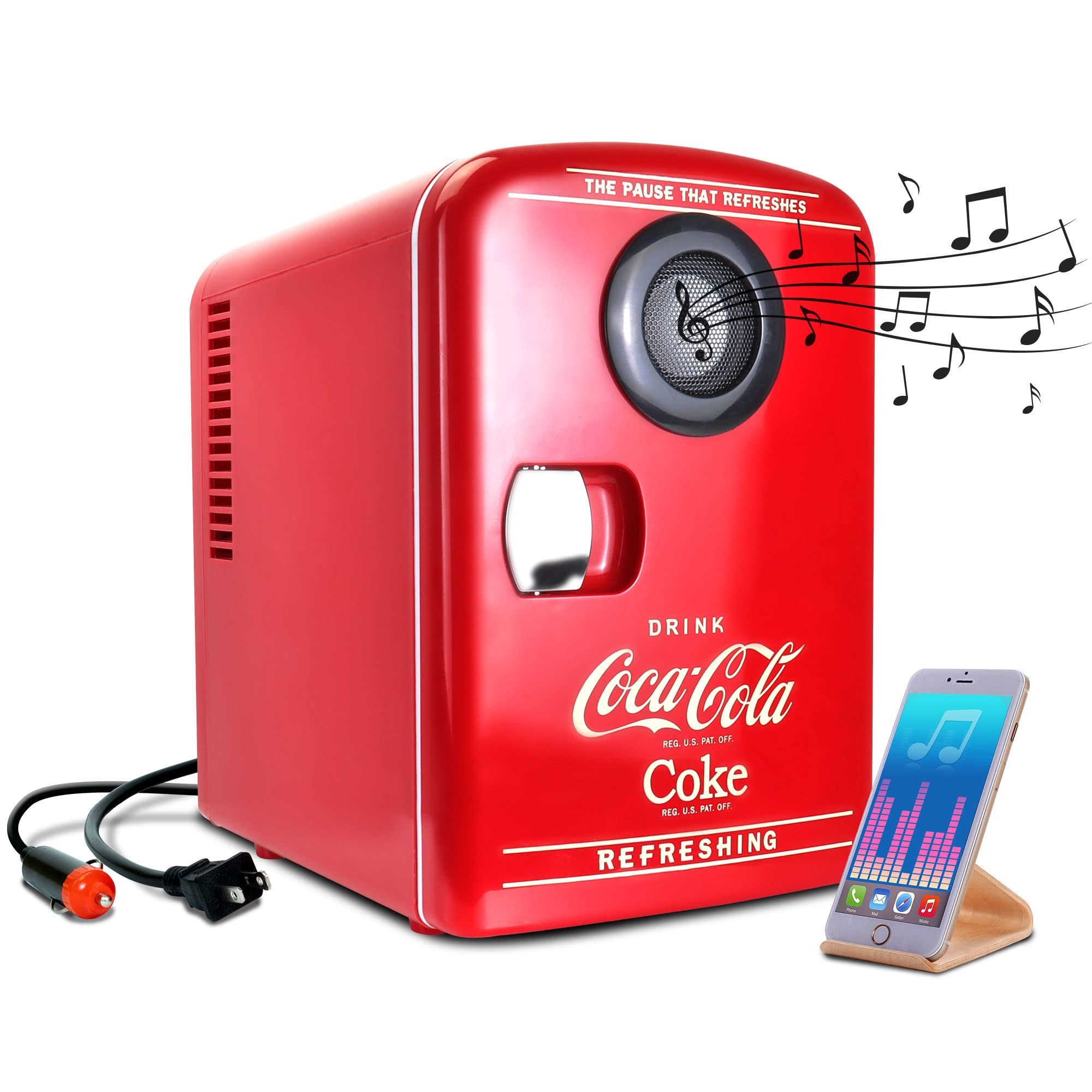 Coca Cola Mini Fridge - Refrigerator for Bedroom Skincare Office, Portable Table Top Beverage Cooler 12V DC/220V AC Refrigerador For Drink, Soda, Wine, Use In Car, Dorm, Patio, Bluetooth, 6 Can