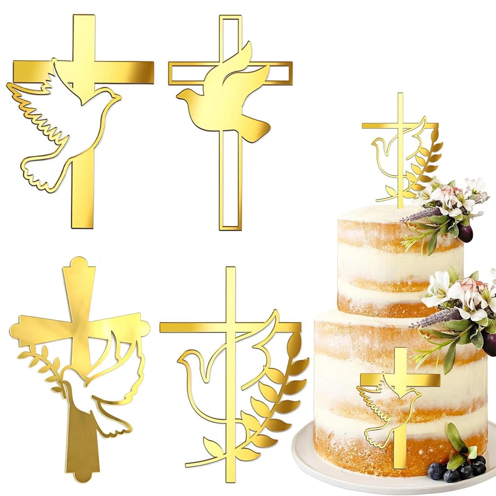 RIIRCSGE 4 Pack Cake Decorations Cross Cake Topper, Glitter Acrylic Cupcake Topper with Golden Cross Pigeon First Holy Communion Cakes Pick for Religious Christening Baptism Baby Shower Birthday Party