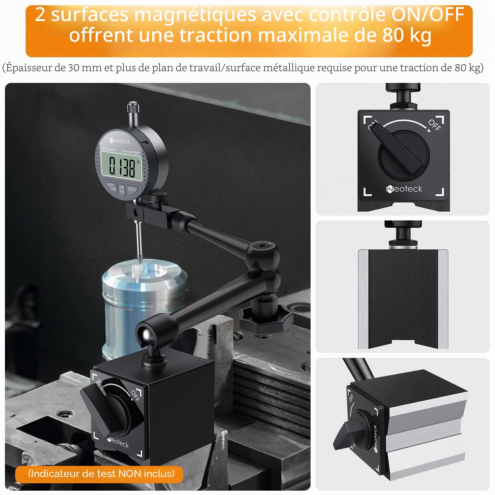 Neoteck 80KG Base Magnétique avec Bras Articulé pour Indicateur Numérique ou à Cadran – Support en Acier avec Interrupteur ON/OFF – Pour Usinage et Mesure de Précision - Noir