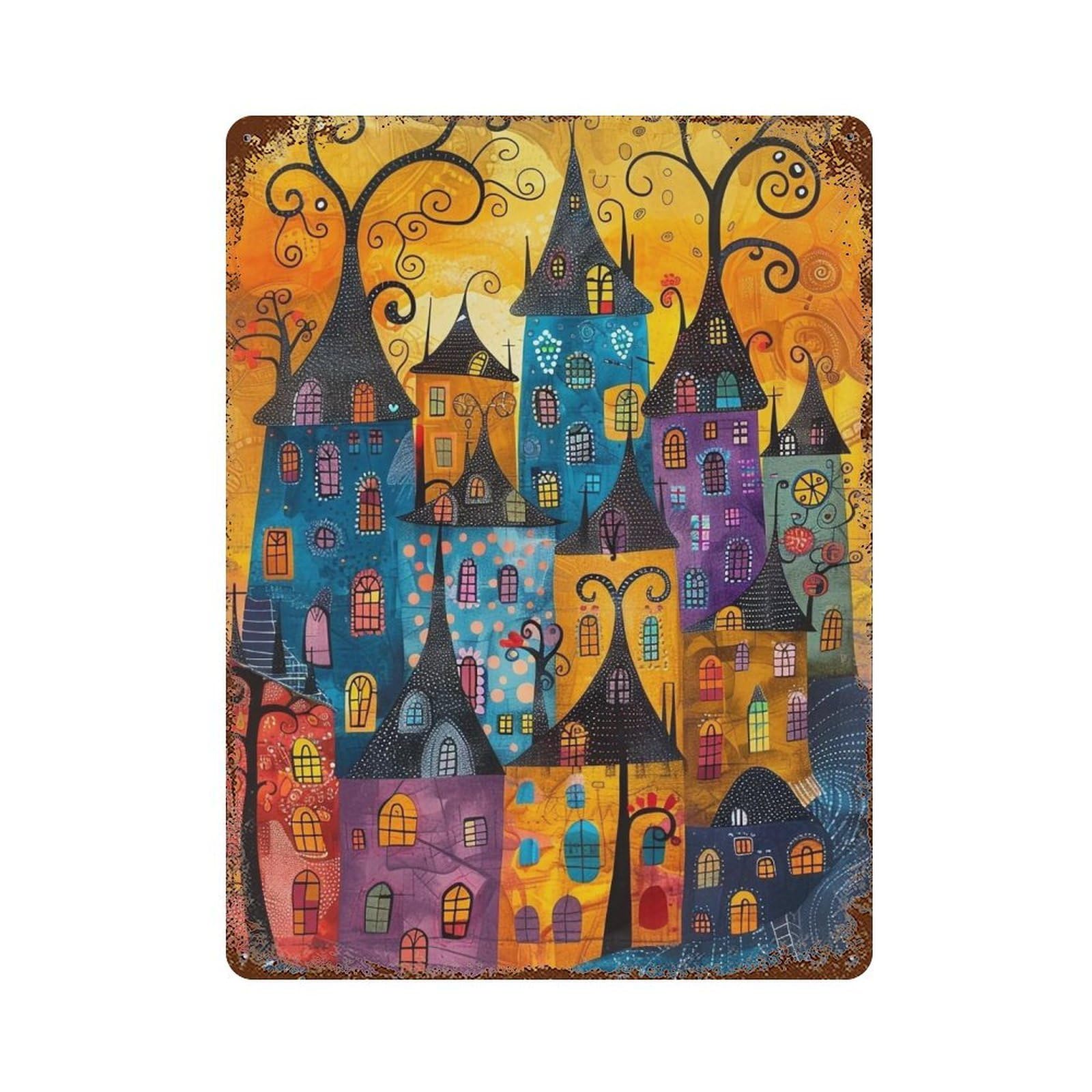 HDURYEYRYY Whimsical Colorful Fairy Town 04 Wall Retro Iron Vintage Art Metal Tin Sign Poster Modern Home Cofffee Club Art Bar Shop Decor 40x30cm