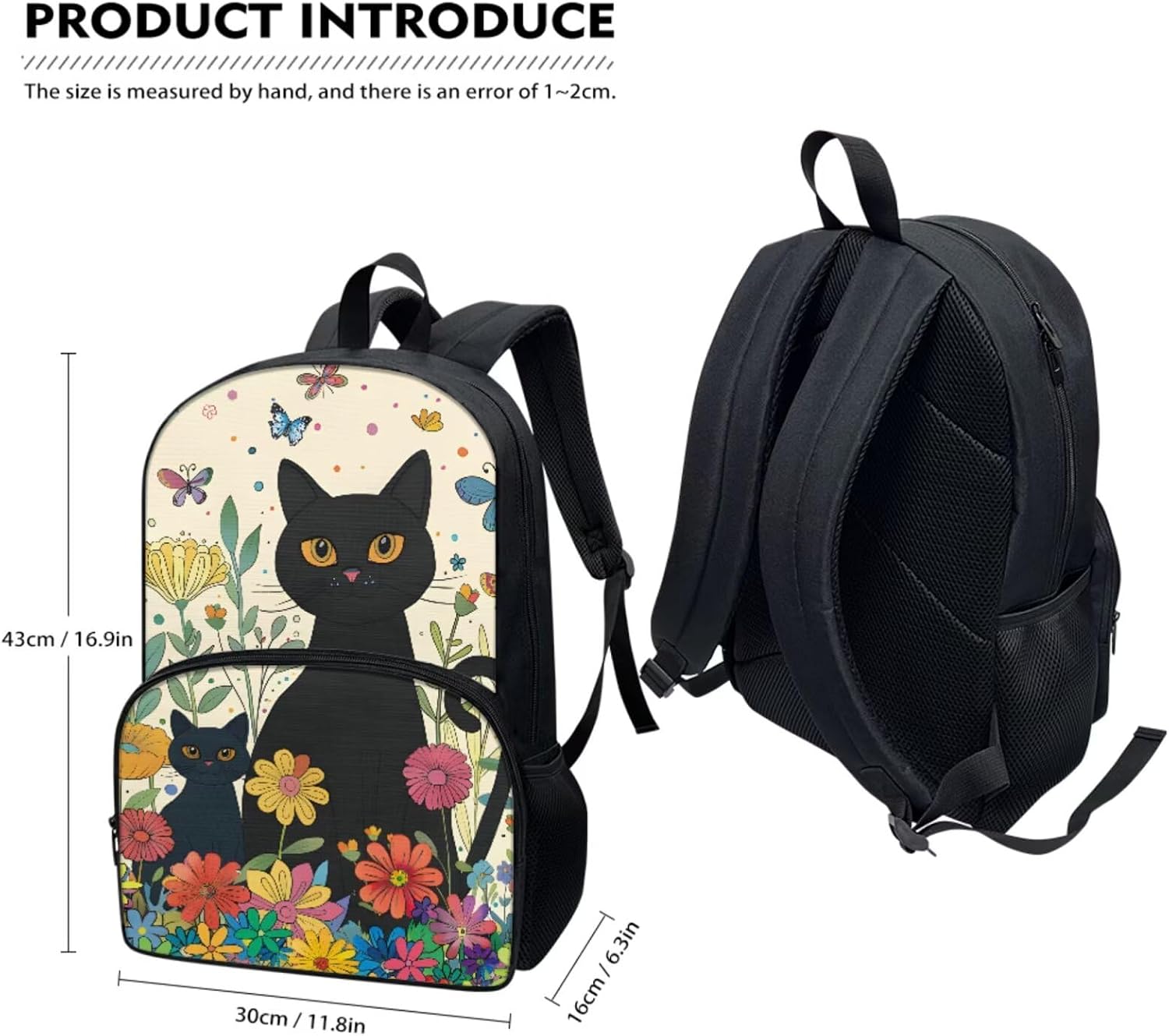 Horeset Floral Black Cat School Bags Set for Girls Sport Travel Kids Backpack with Picnic Lunch Box Water Bottle Bag Set of 3Pcs Large Capacity Bookbag Backpack for Primary Middle School Student