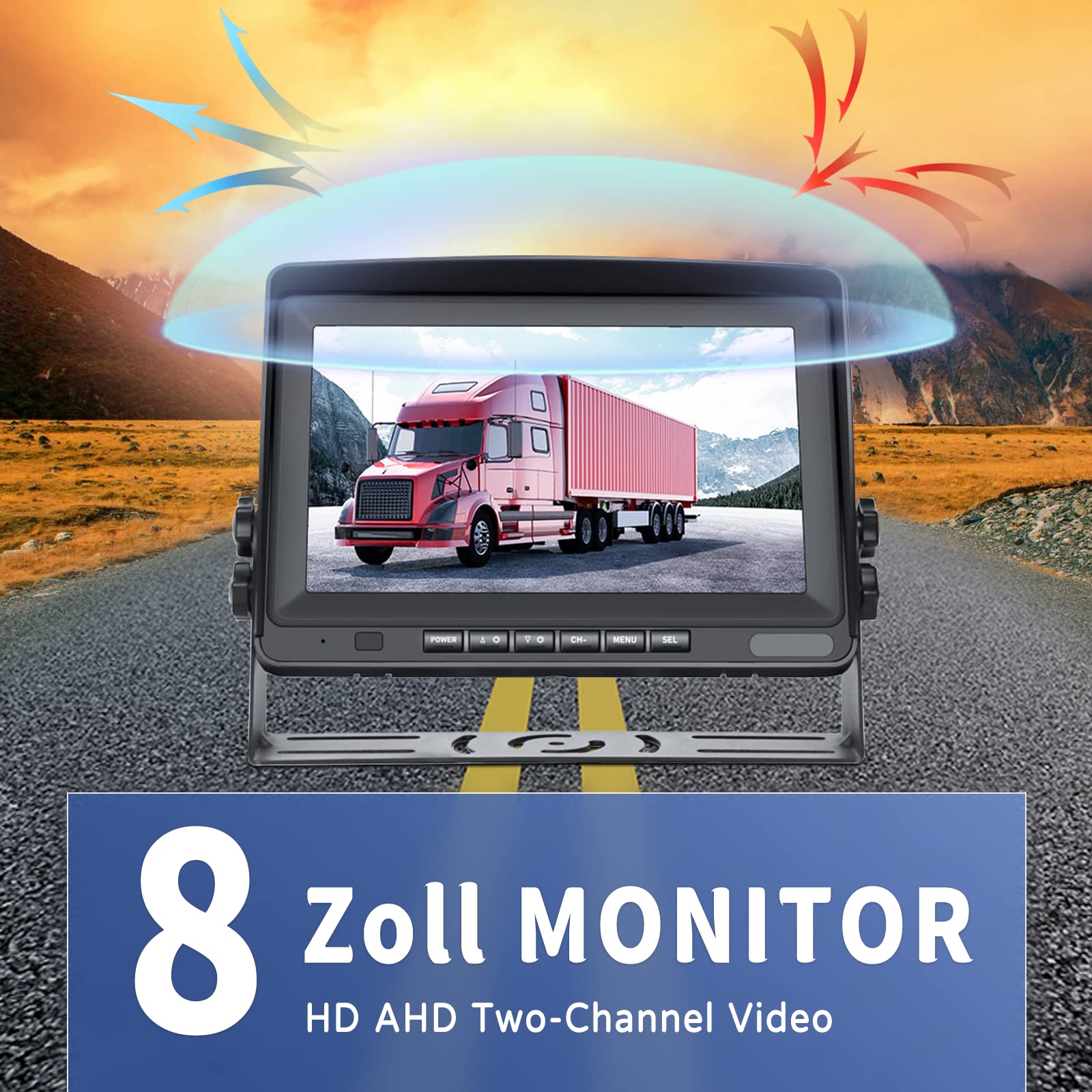 CAMECHO Cámara Trasera und Monitor-Kit para 12V-24V Coche, 8" LCD Monitor 2 Divisiones Camaras, IP69 Cámara + 65,6 Pulgadas Cable de Extensión