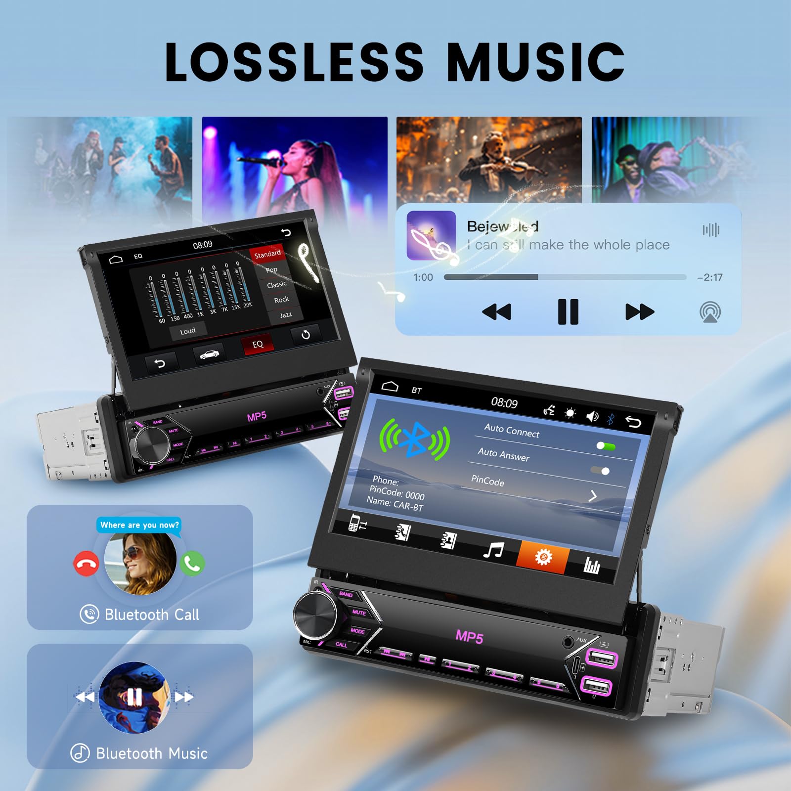 1 Din Ecran Rétractable Autoradio, Hodozzy Écran Tactile IPS de 7 Pouces Poste Radio Voiture 1 Din Bluetooth Lien Miroir, Autoradio avec Radio FM, Type-C USB AUX U-Disk, Contrôle du Volant et Caméra