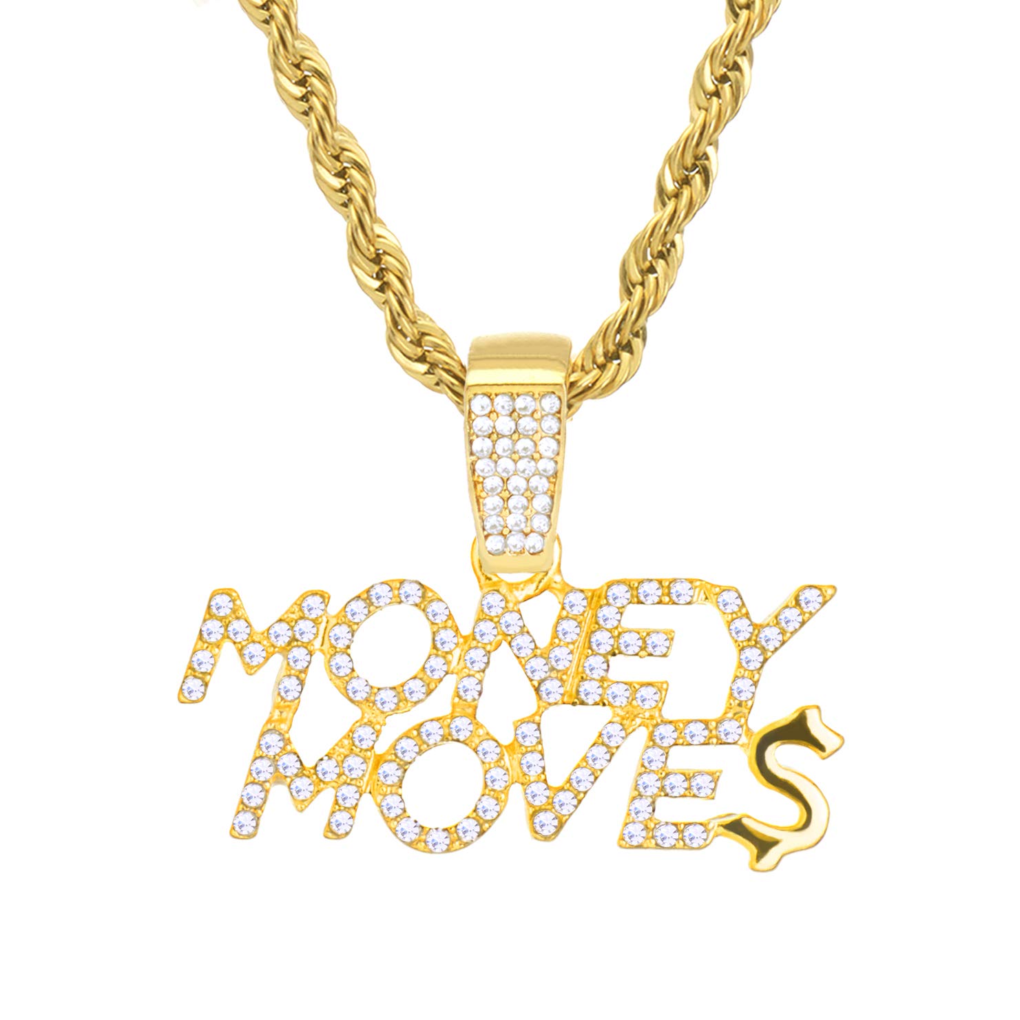 metaltree98Gold Silver Tone Iced Out Money Moves Sign Pendant 24 in Chain Necklace HC 1283