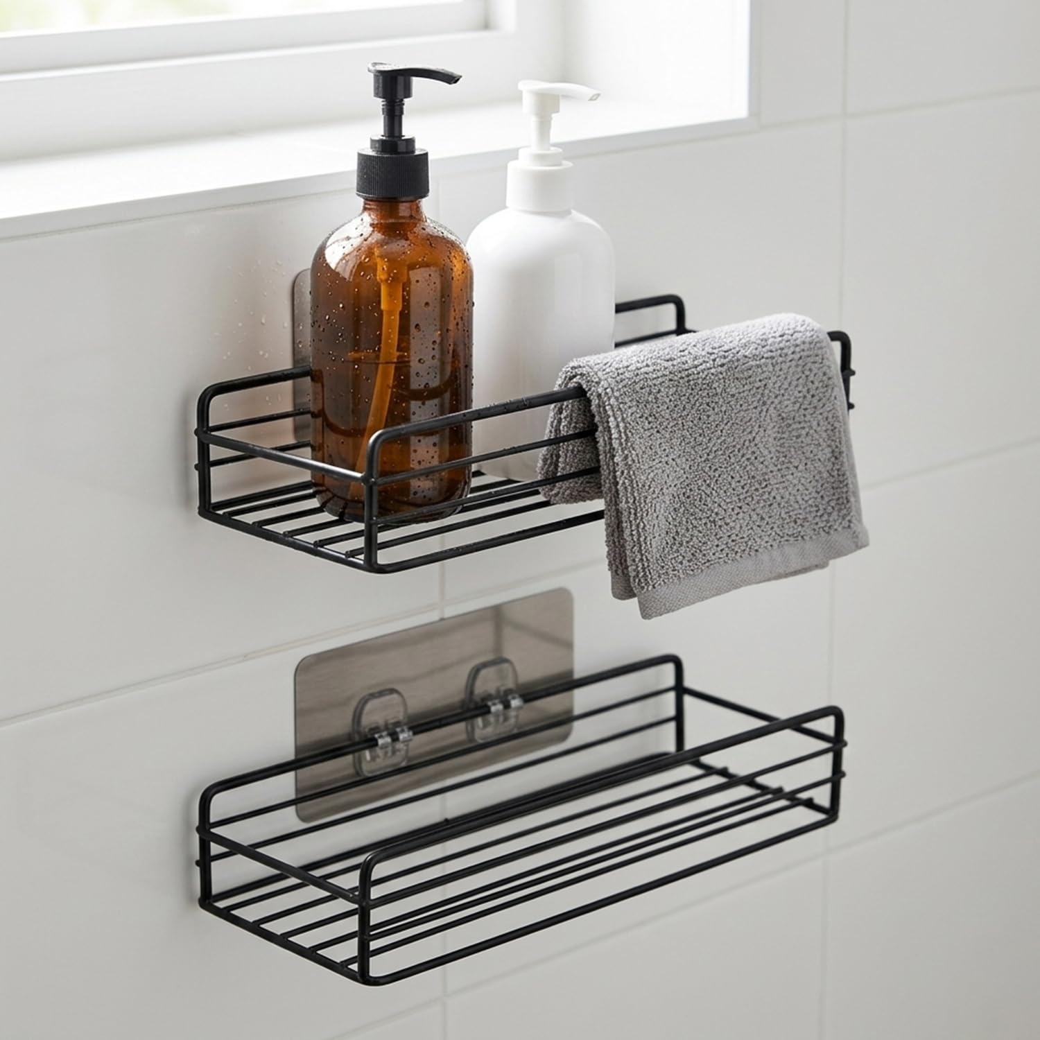 Zureni Self Adhesive Wall Mounted Rack for Bathroom Storage Shelves Multipurpose Accessories and Fittings Washroom Kitchen Wash Basin (Pack of 2, Black)-image-25