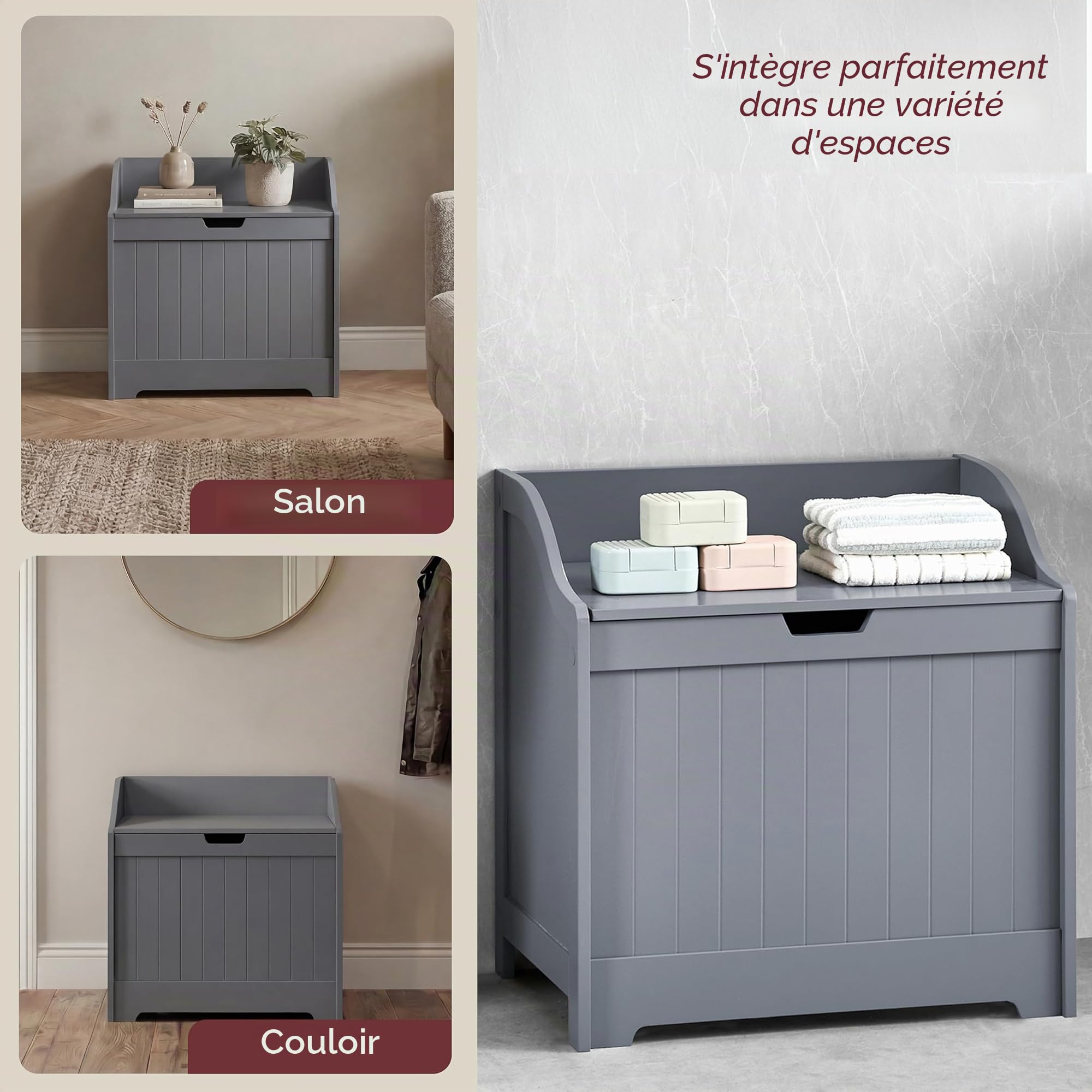 Bath Vida Priano Armoire à linge de salle de bain avec panier en bois (gris)