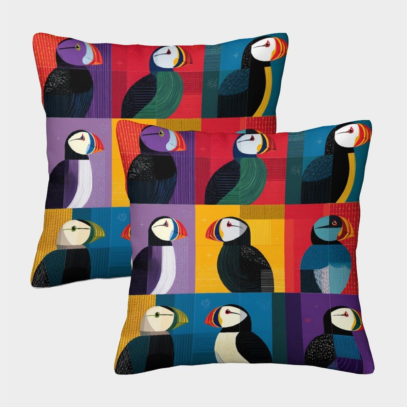 Puffin Birds—Colorful Art Style Pillow Covers 2 Pack Cozy Pillowcases Available All Seasons Cushion Case with Zipper Decorative Couch Living Room 45x45cm