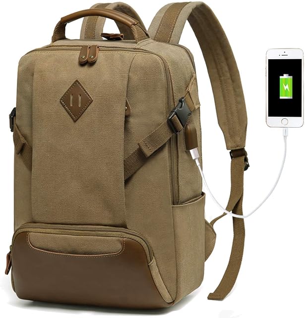 Kasgo School Backpack, Water-resistant Anti-theft Canvas Vintage 15.6 inch Laptop Backpack with USB Charging Port Unisex Rucksack Casual Daypack for Travel, College, Teenager Khaki