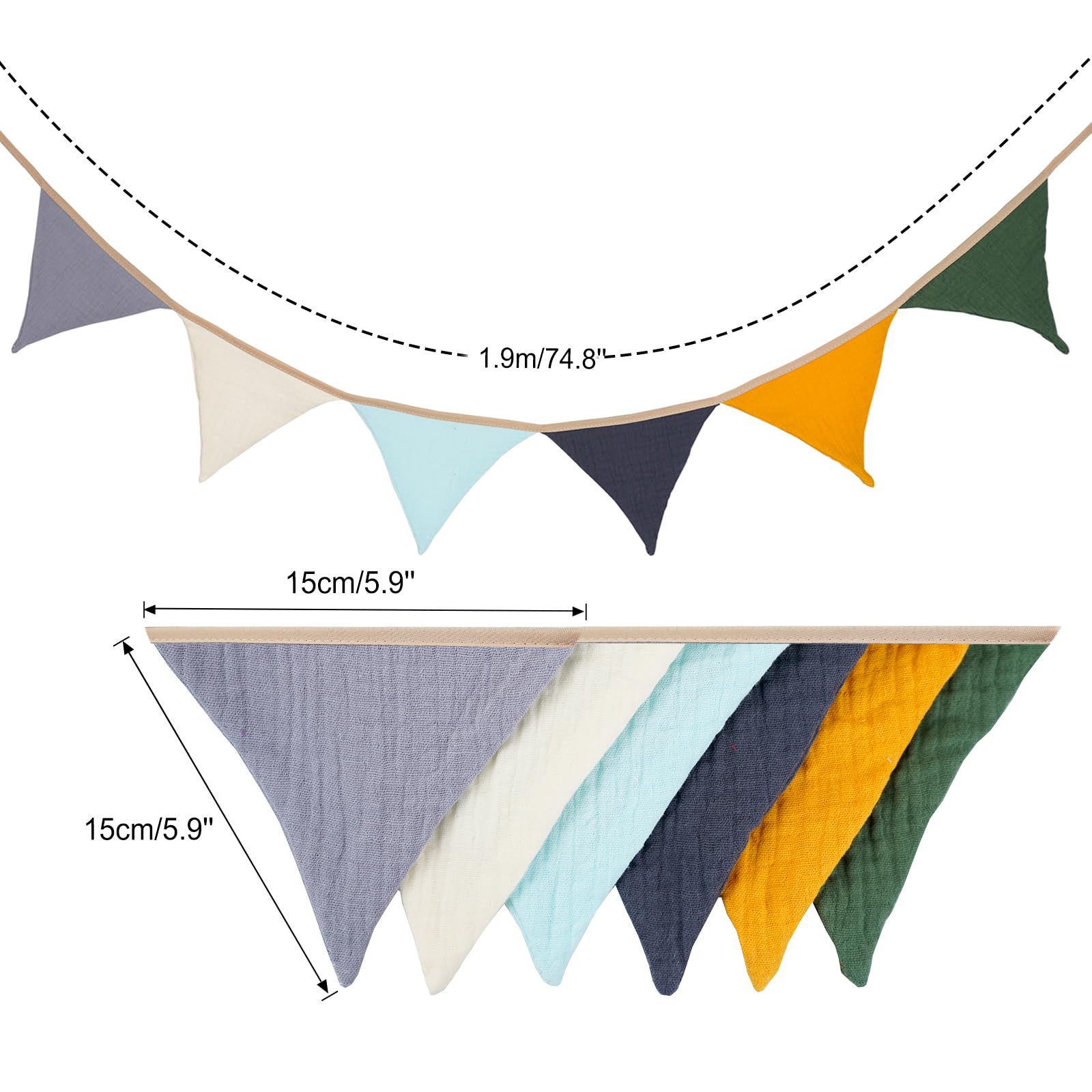 G2PLUS Muslin Fabric Bunting for Nursery: 6PCS Double Side Cloth Triangle Banner - Image 3