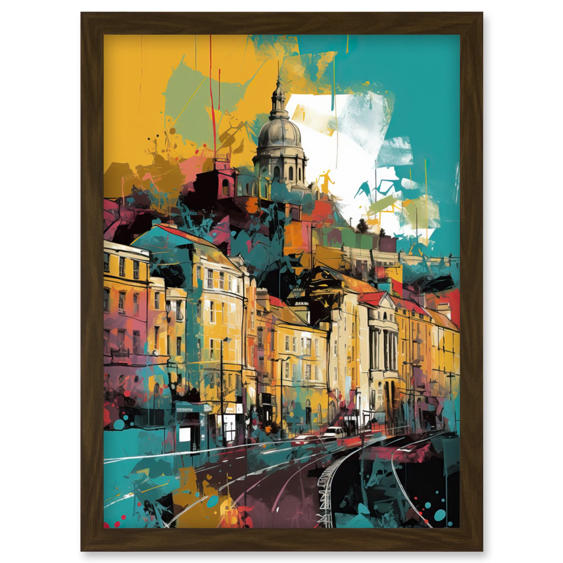 Artery8 Nottingham City Modern Multicoloured Cityscape Artwork Framed Wall Art Print A4