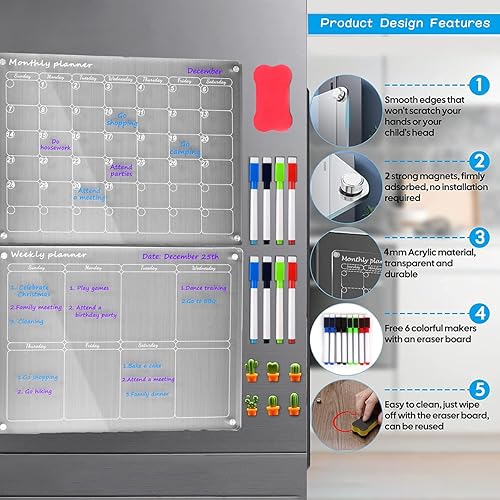 Miniatura 3 de Pizarra magnética acrílica de borrado en seco para refrigerador, 15.4 x 11.4 pulgadas, 2 juegos de 2 tableros de planificación semanal y mensual