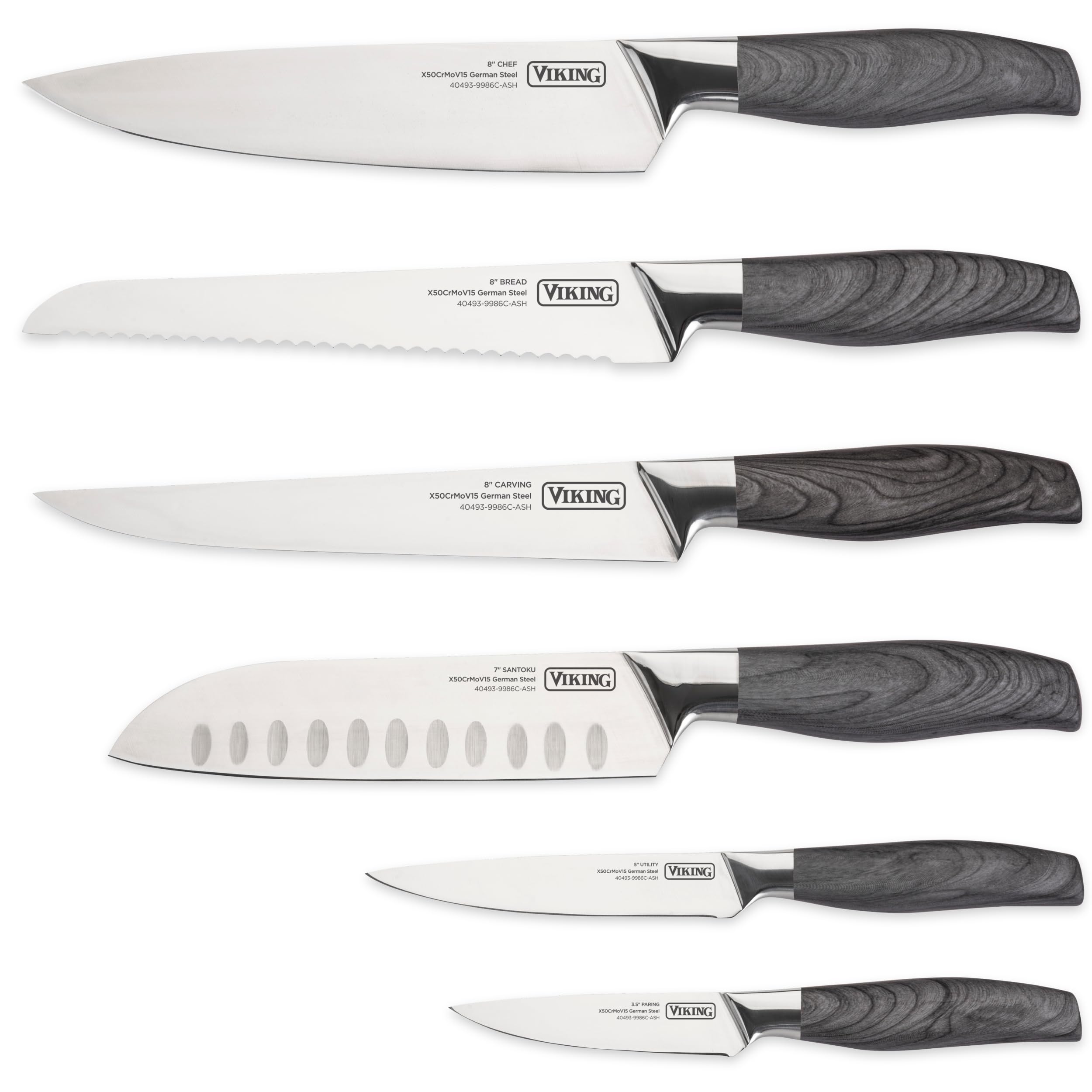 Viking Kitchen Knife Set, 6 Piece Knives Cutlery Set, German Steel Blades and Ash Wood Ergonomic Handles, Includes Protective Plastic Sheaths, Dishwasher Safe