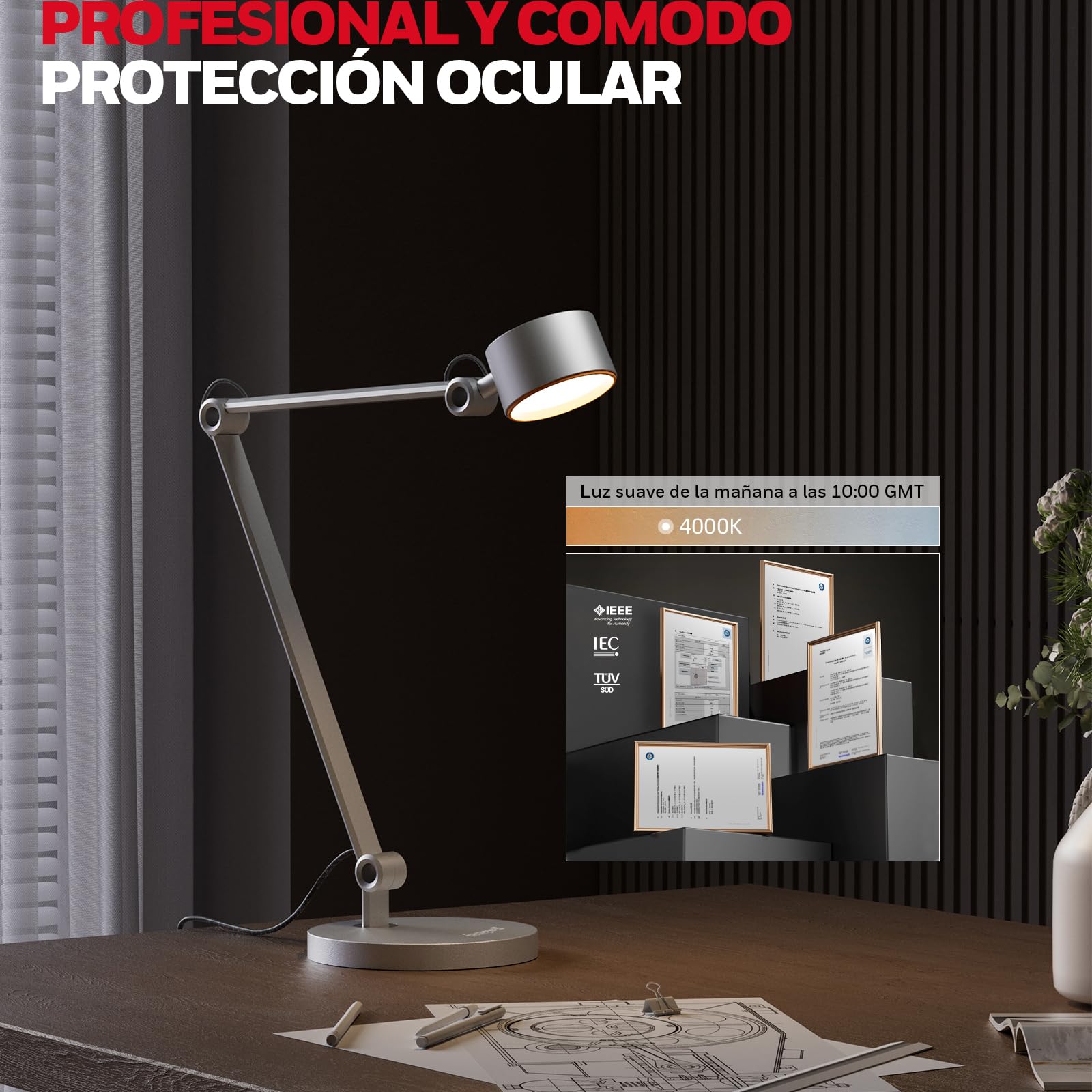 Honeywell Lámpara escritorio LED 01A brazo articulado manualidades | 4000K luz diurna, CRI≥95, RG0 baja luz azul, lámpara de escritorio para arquitecto, cuidado ocular