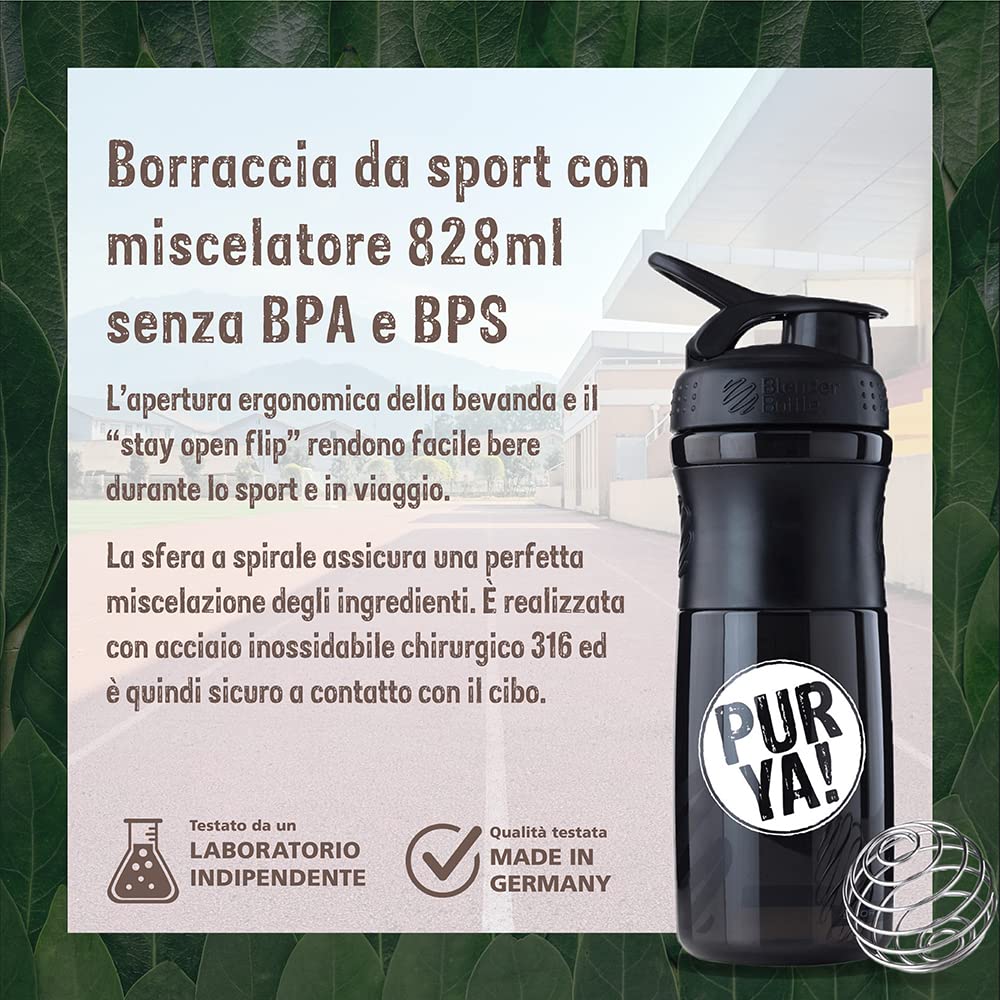 PURYA! SHAKER, borraccia fitness per frullati proteici e bevande, miscelazione ottimale grazie alla sfera a spirale, senza BPA e infrangibile, Nero, 828ml
