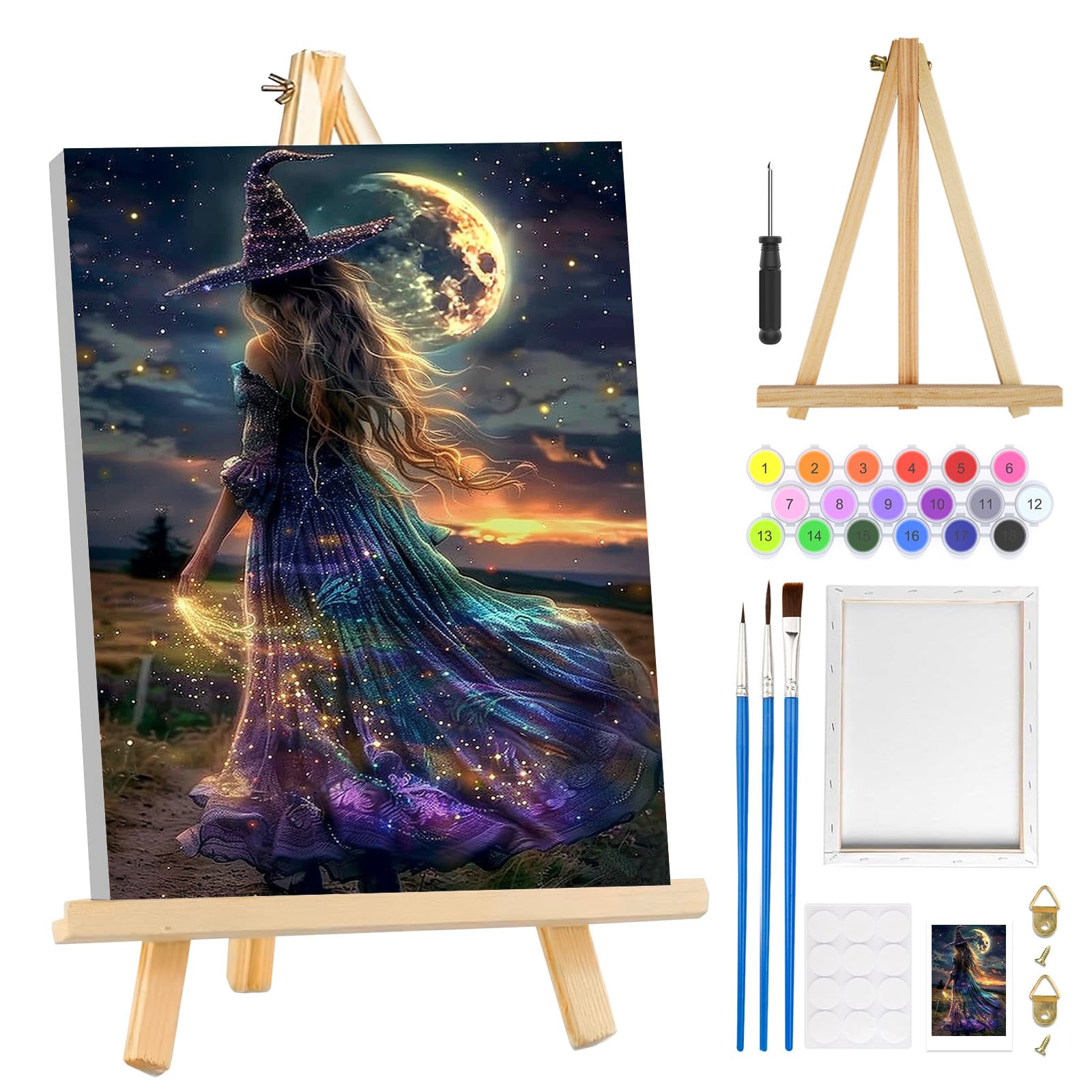 MOGTAA Halloween Paint by Numbers for Adults Beginners with Frame, Witch Painting by Numbers for Adults with Easel, Easy DIY Starry Sky Oil Painting Kits Art Crafts for Home Decor, 8x12in